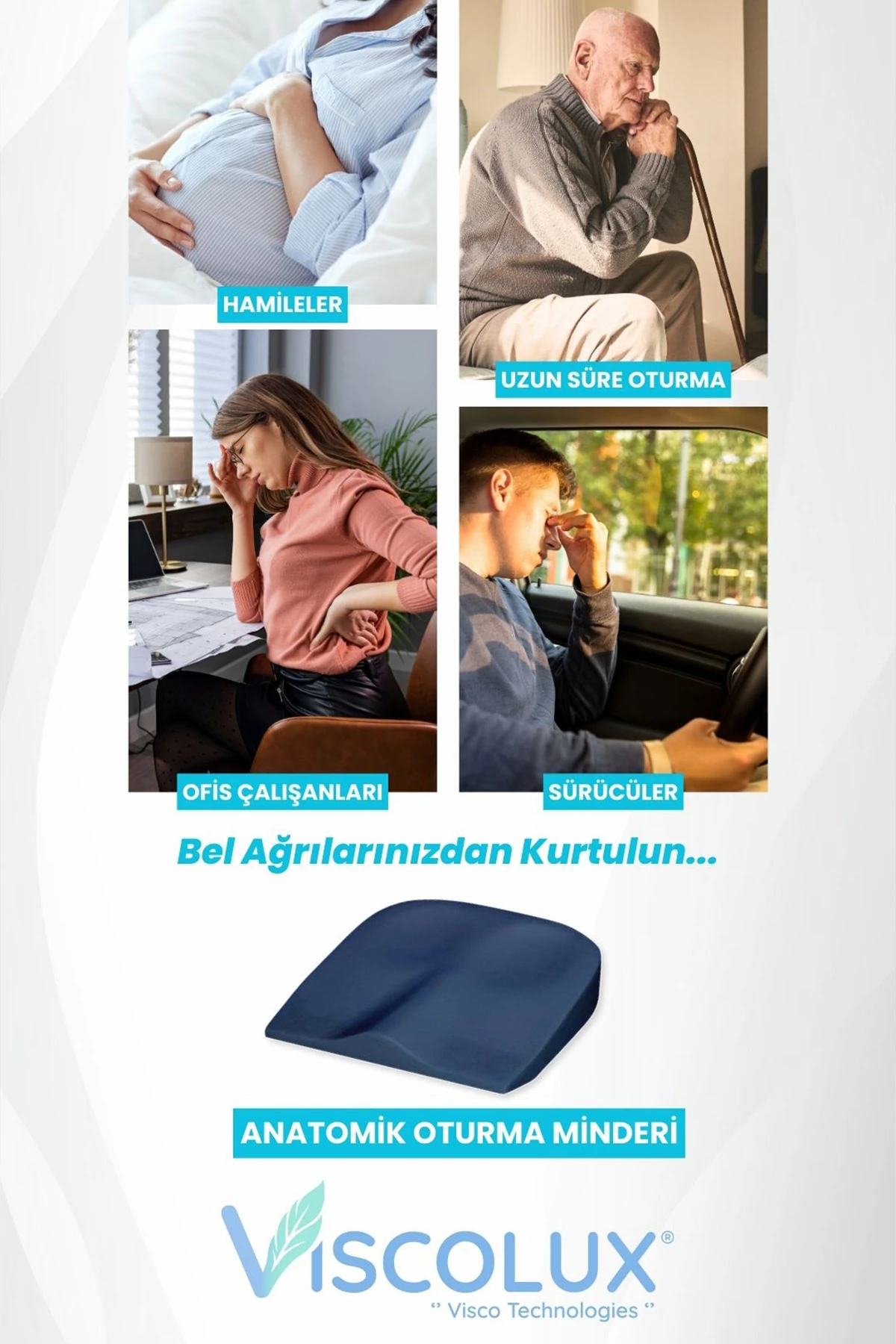 Anatomik Visco Ortopedik Minder - Ofis Araba Sandalye Minderi Füme 44x36x9/2