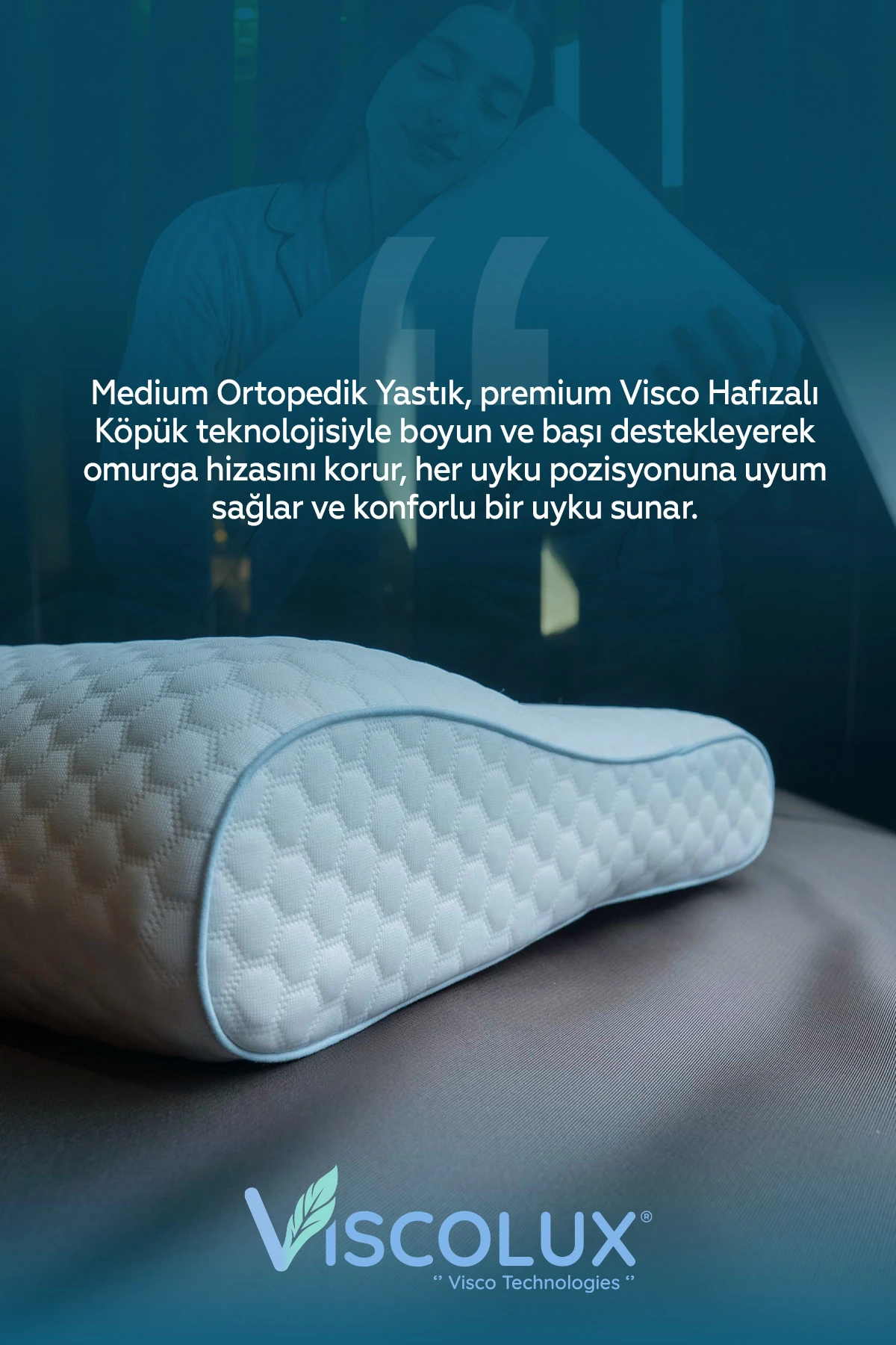 Medium Boy Ortopedik Yastık - Boyun Destekli Visco Yastık Mavi 56x36x11/7