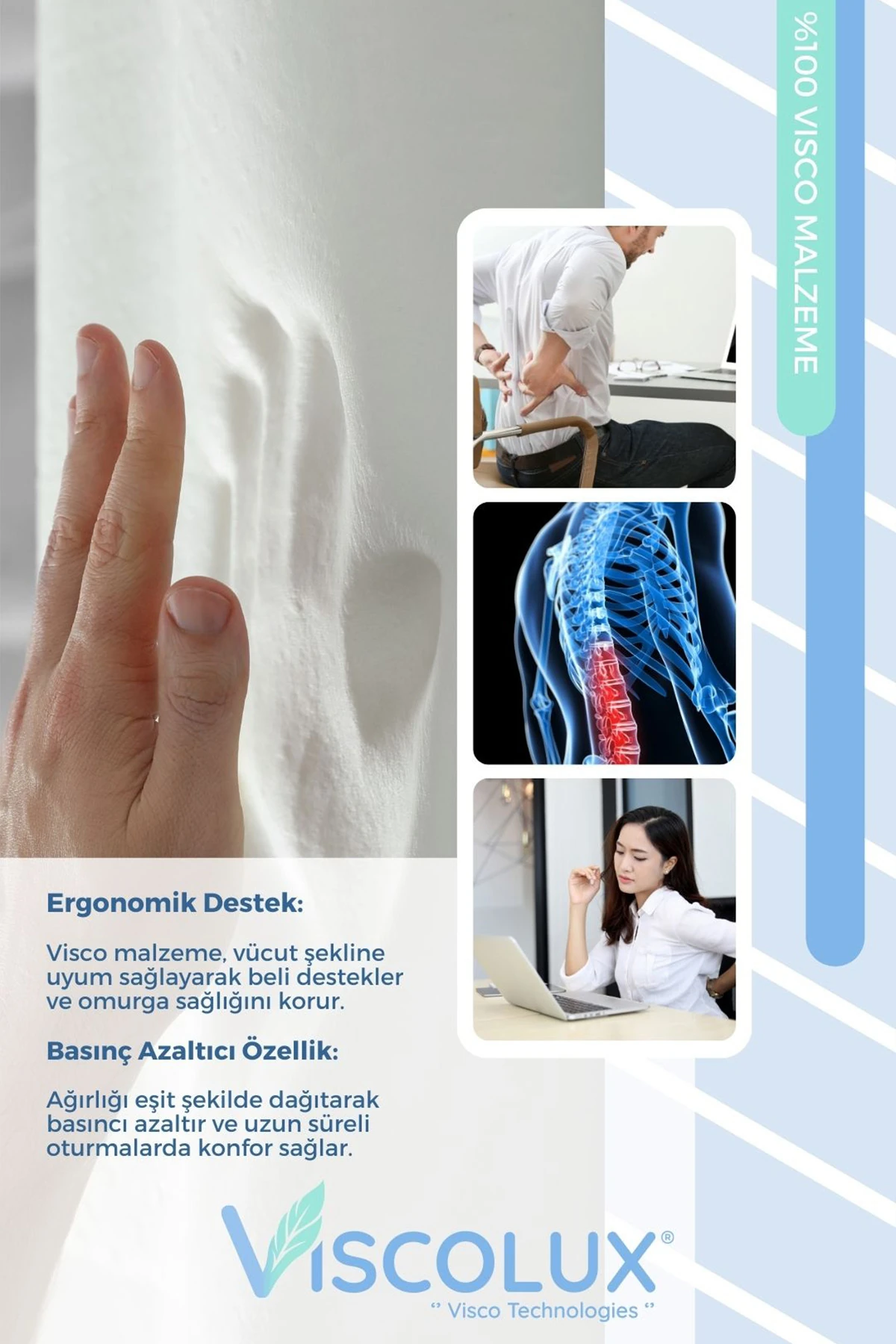 Ortopedik Bel Destek Yastığı - Visco Bel Destekli Minder Evde Ofiste Arabada Konfor Siyah 35x34x12