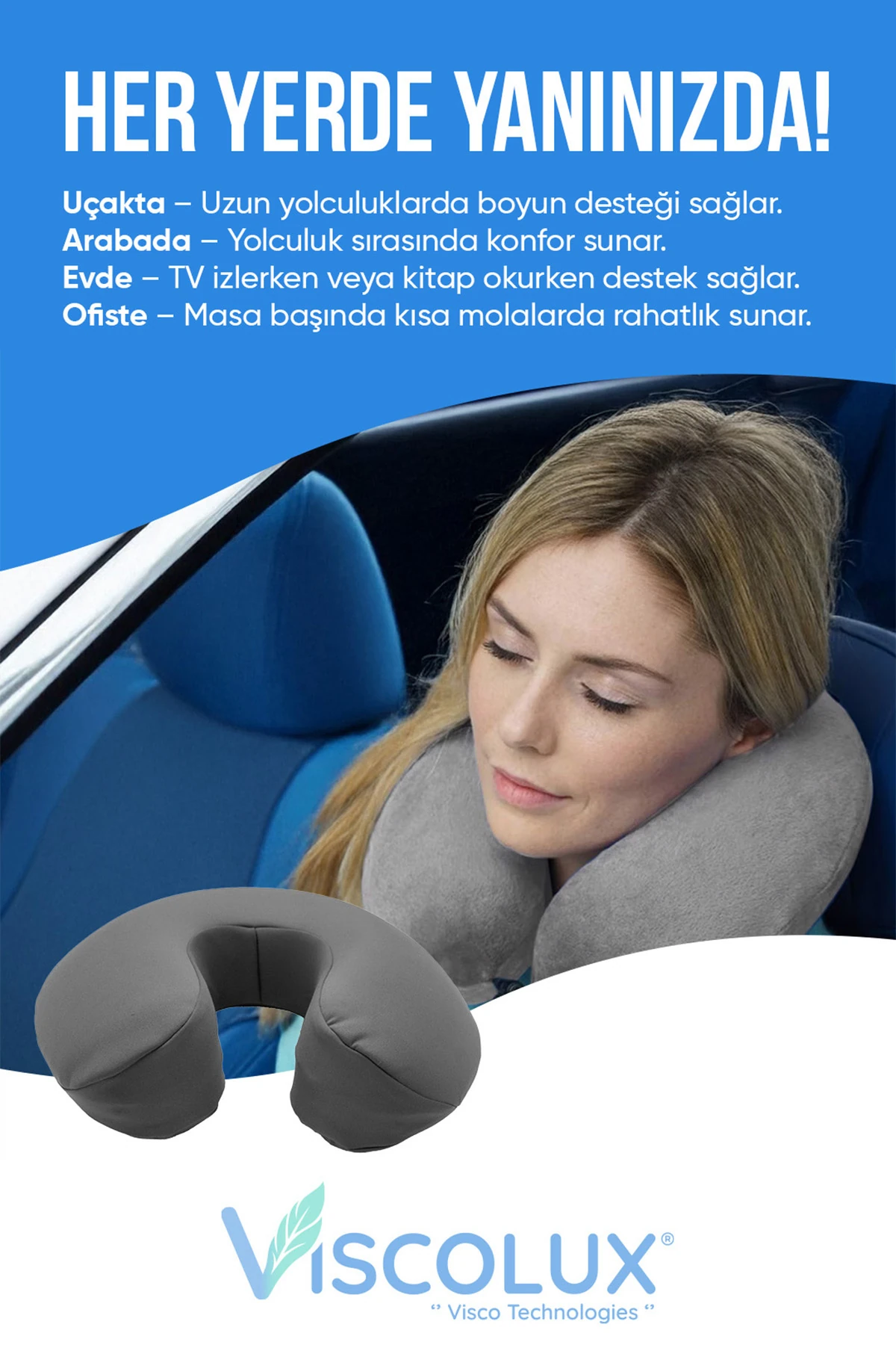 Ortopedik Visco Seyahat Yastığı - Visco Boyun Destekli Yastık Füme 30x30x12