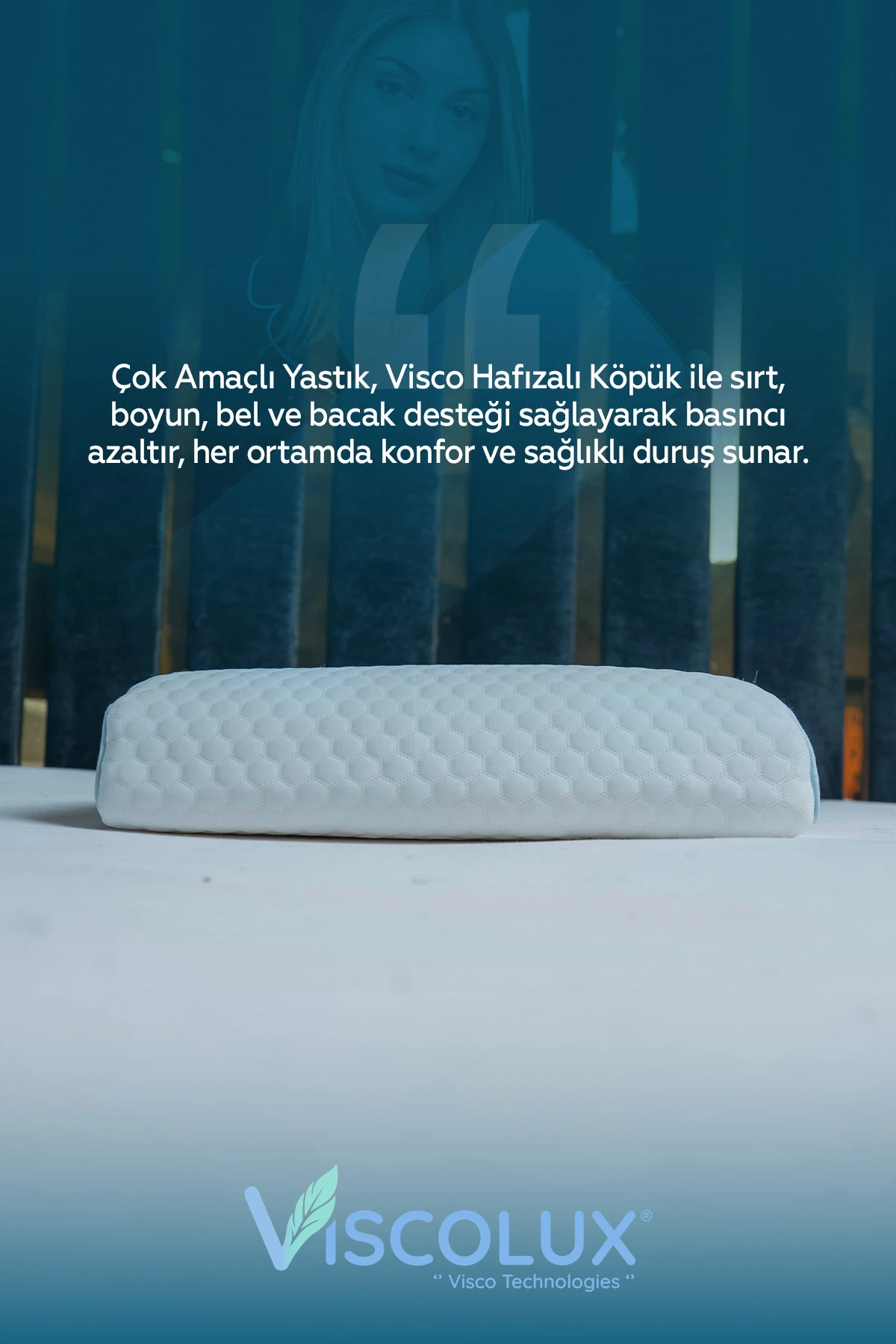 Çok Amaçlı Ortopedik Visco Yastık - Horlama Yastığı Hamile Yastığı Mavi 42x18x9