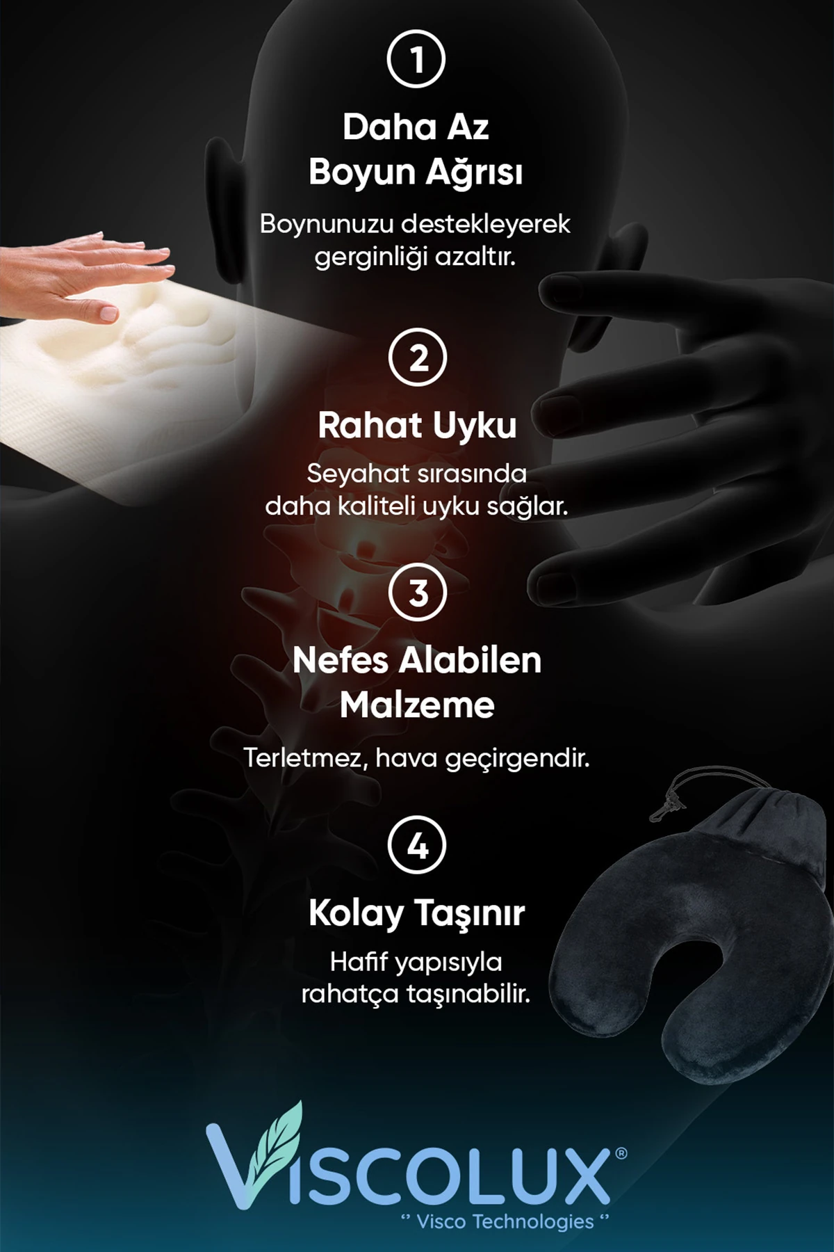 Ortopedik Visco Seyahat Yastığı - Visco Boyun Destekli Yastık Füme 30x30x12