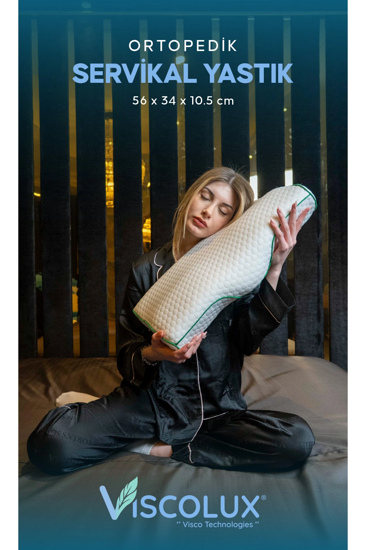 Servikal Boyun Destek Ortopedik Yastık - Boyun Düzleşmesi Visco Yastık Yeşil 56x34x10,5