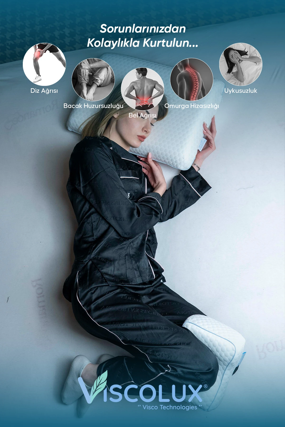 Bacak Arası Ortopedik Yastık - Diz Bacak Arası Visco Yastık Bacak Destek Minderi Mavi 25x19x14