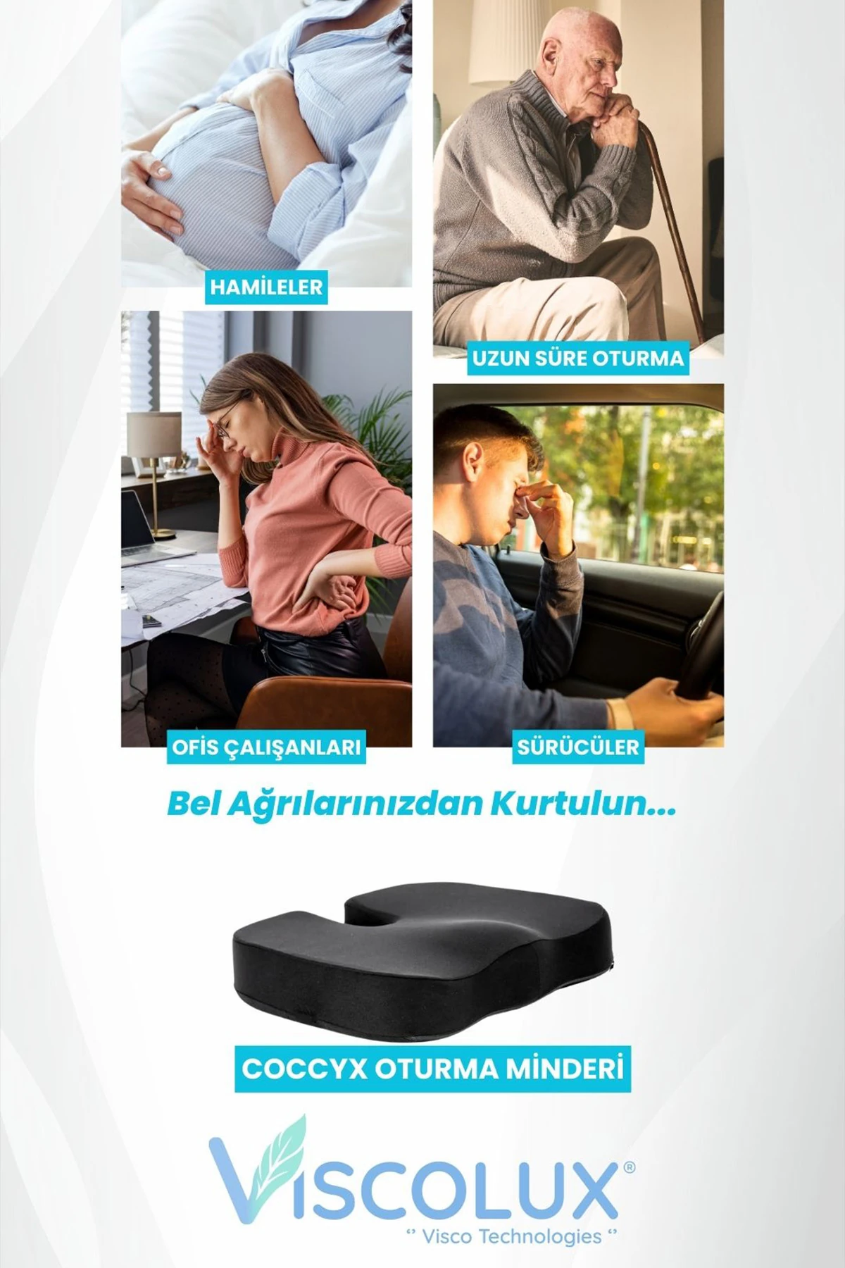 Coccyx Ortopedik Oturma Minderi - Visco Kuyruk Sokumu Minderi Hemeroid Füme 44x36x9,5