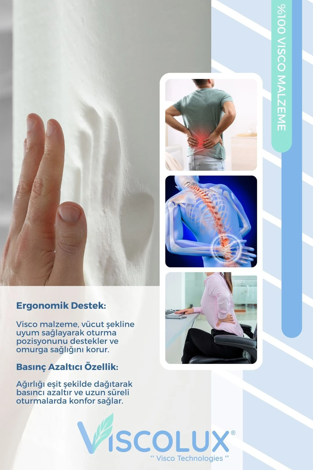 Anatomik Visco Ortopedik Minder - Ofis Araba Sandalye Minderi Siyah 44x36x9/2