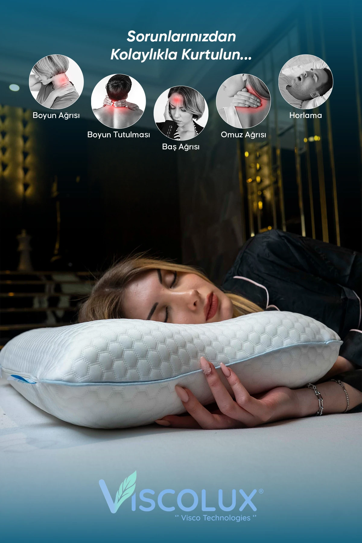 Horlama Azaltıcı Yastık - Horlama Önleyici Ortopedik Visco Yastık Mavi 55x40x12/10