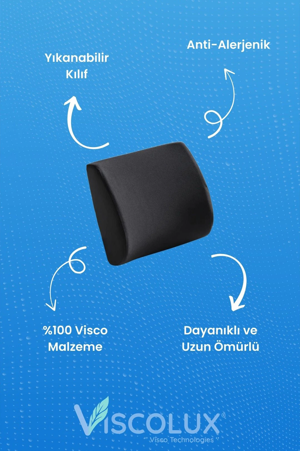 Ortopedik Bel Destek Yastığı - Visco Bel Destekli Minder Evde Ofiste Arabada Konfor Siyah 35x34x12