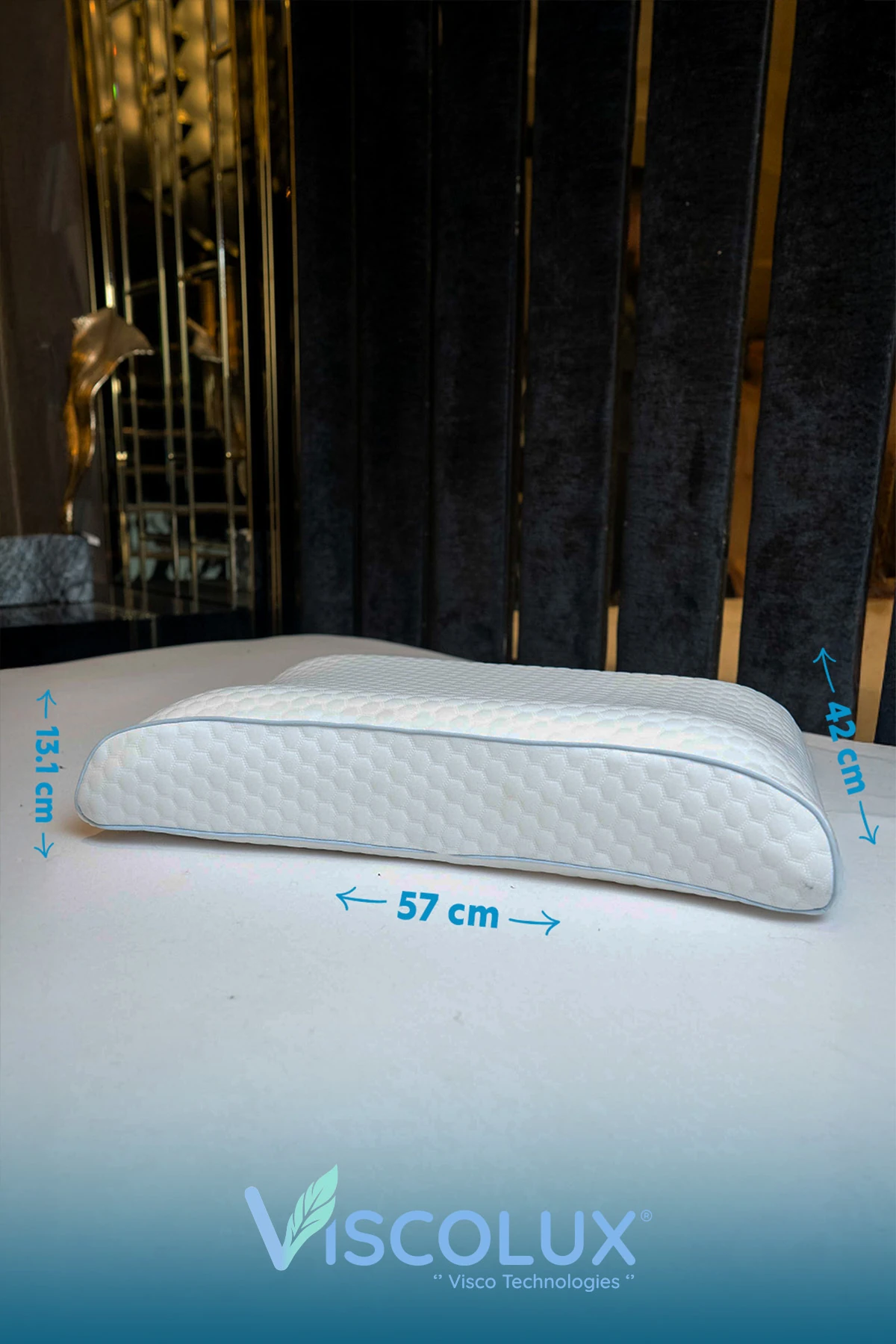 Bombeli Lüx Boyun Destekli Ortopedik Yastık; Anti-aging Visco Yastık Mavi 57x42x13/11