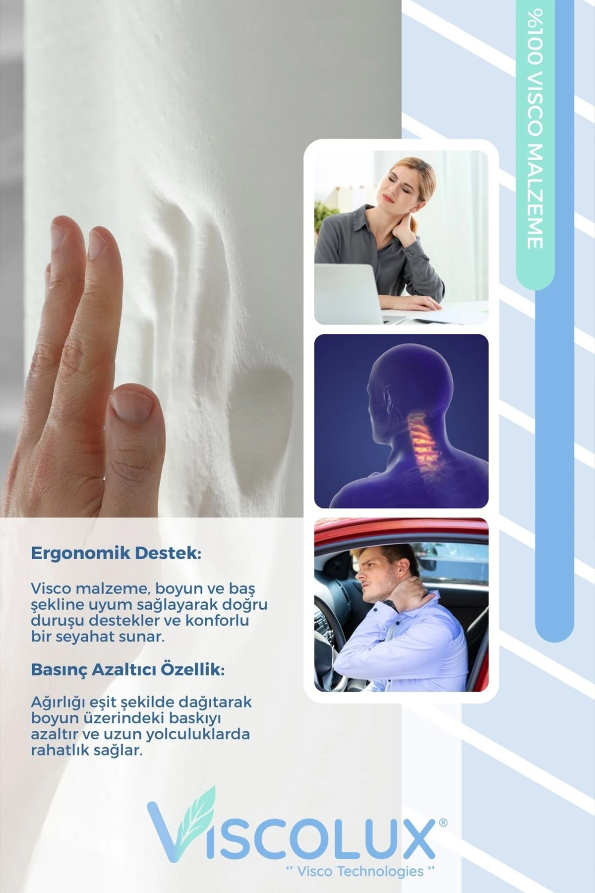 Ortopedik Visco Seyahat Yastığı - Visco Boyun Destekli Yastık Füme 30x30x12