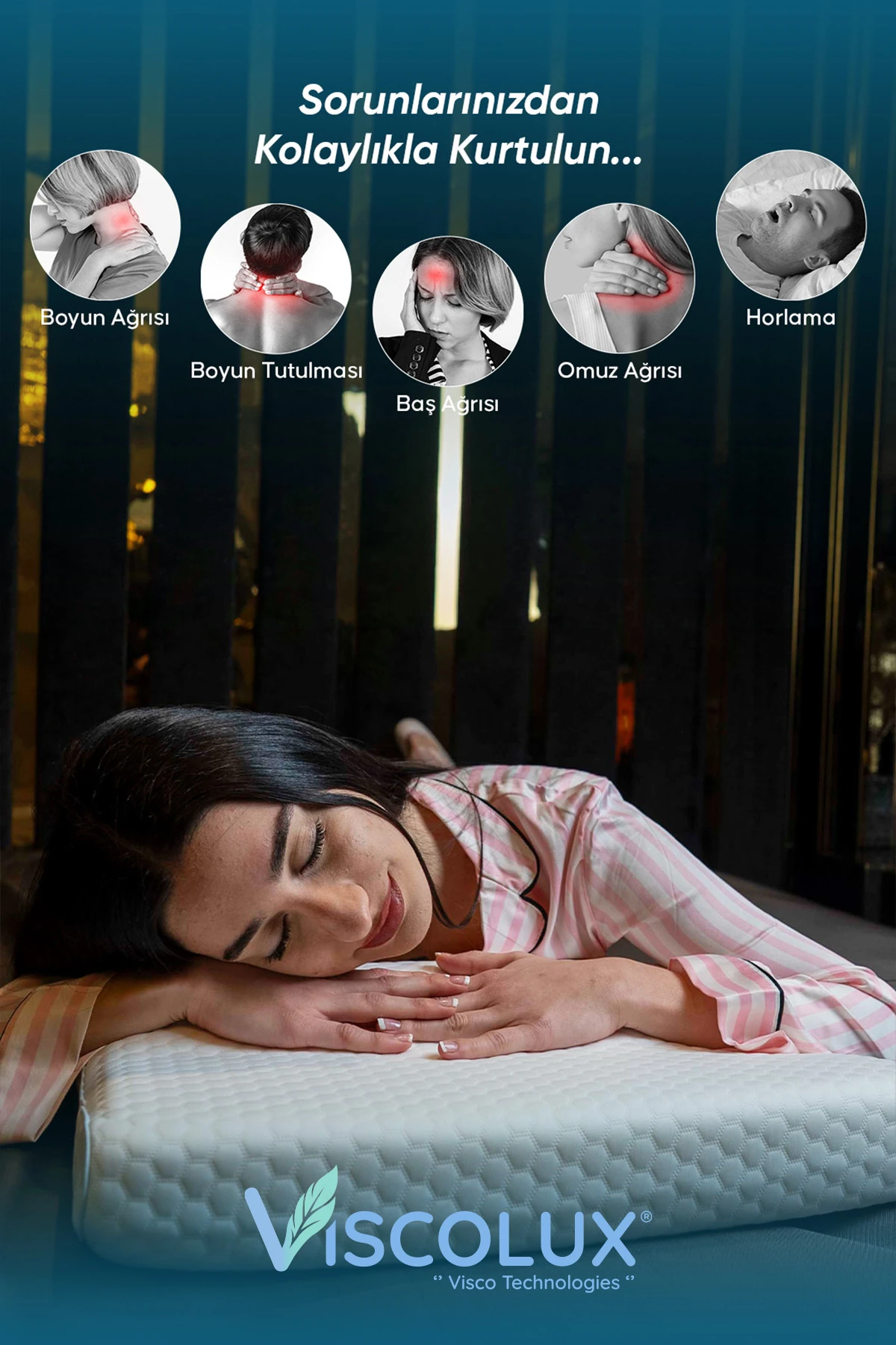 Medium Boy Ortopedik Yastık - Boyun Destekli Visco Yastık Mavi 56x36x11/7