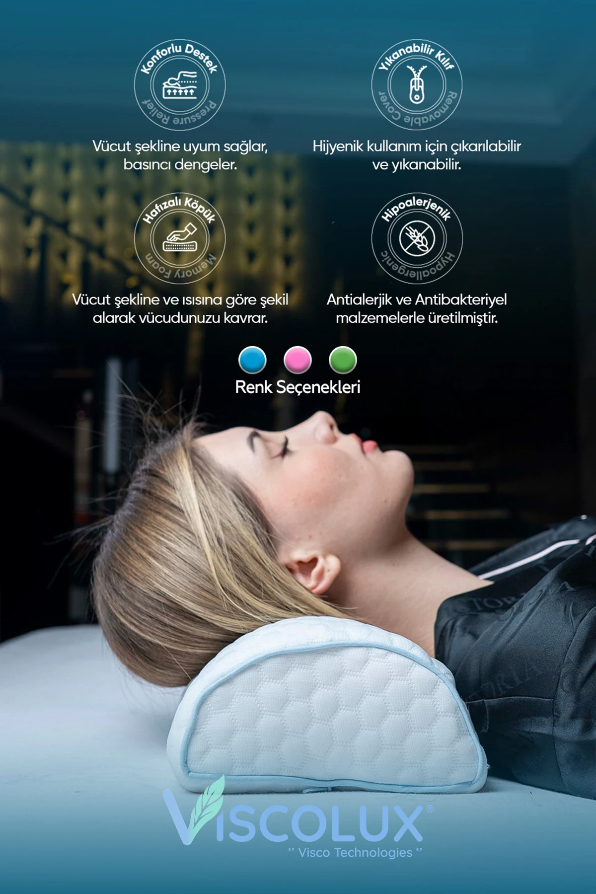 Çok Amaçlı Ortopedik Visco Yastık - Horlama Yastığı Hamile Yastığı Mavi 42x18x9