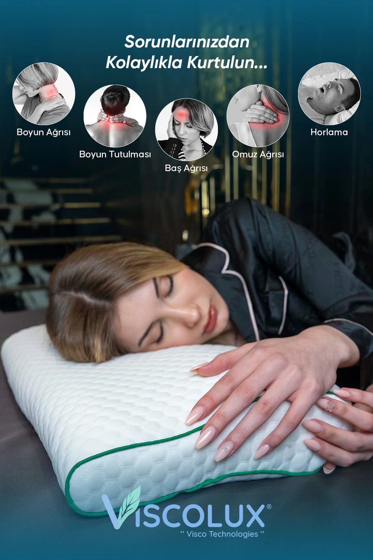 Servikal Boyun Destek Ortopedik Yastık - Boyun Düzleşmesi Visco Yastık Yeşil 56x34x10,5