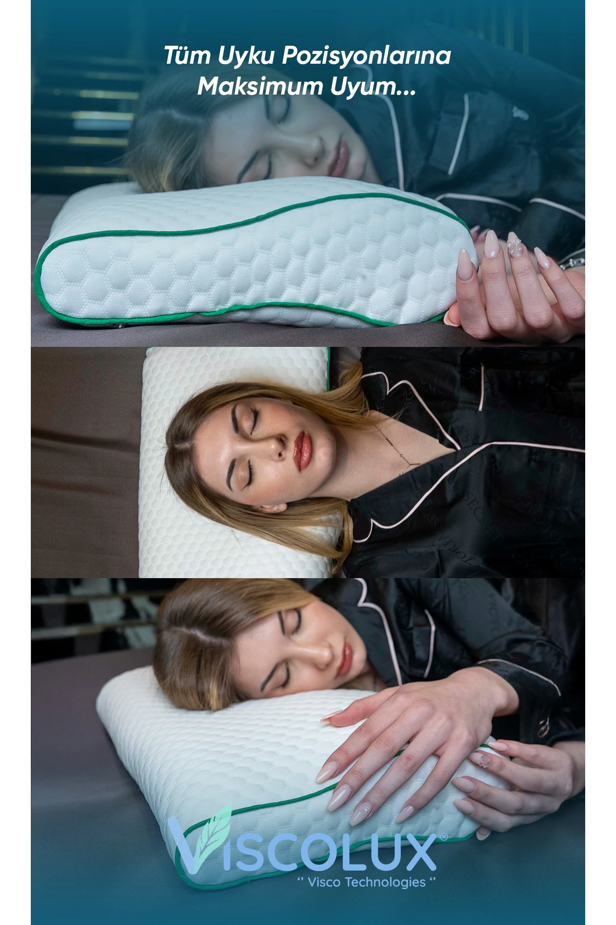 Servikal Boyun Destek Ortopedik Yastık - Boyun Düzleşmesi Visco Yastık Yeşil 56x34x10,5