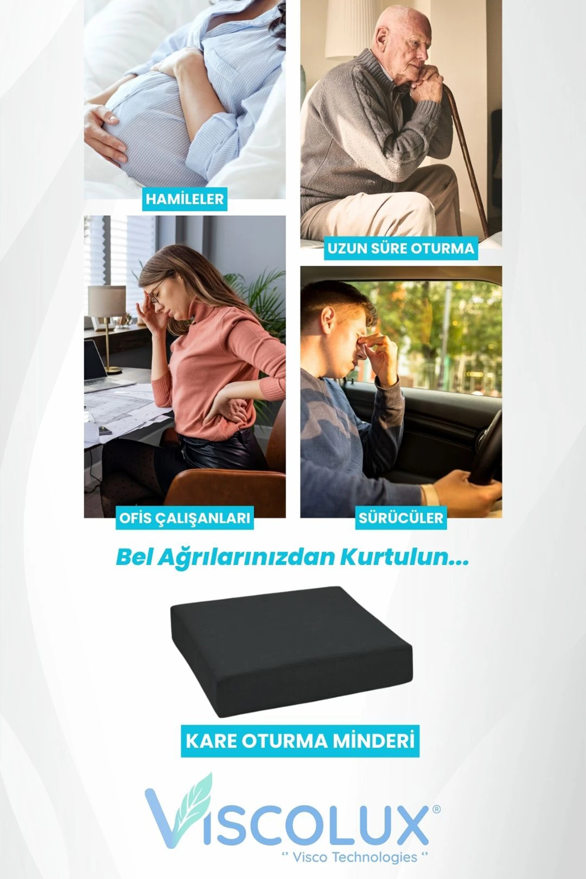 Kare Ortopedik Minder - Kare Oturma Minderi Tekerlekli Sandalye Ofis Araba Minderi Siyah