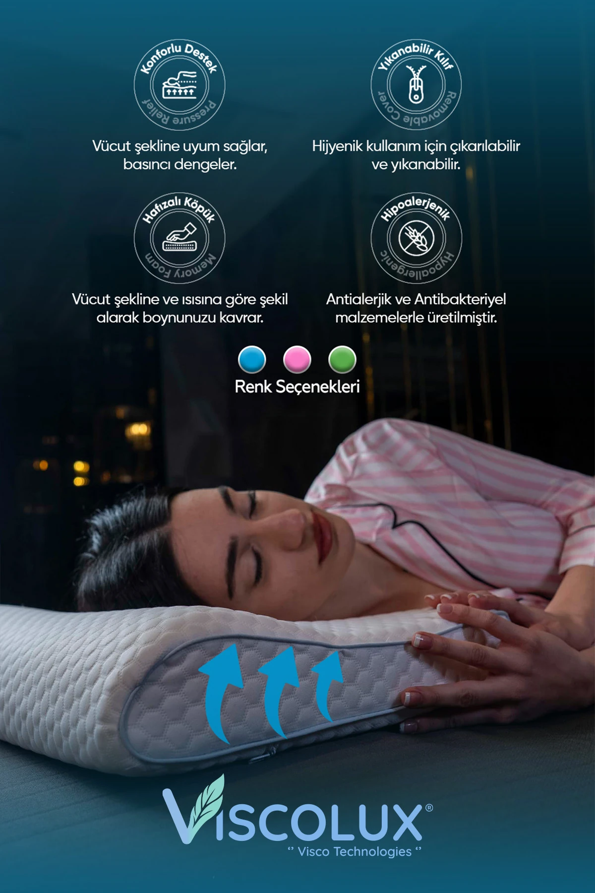 Mega Boy Ortopedik Yastık - Boyun Destekli Visco Yastık Mavi 60x40x11/8