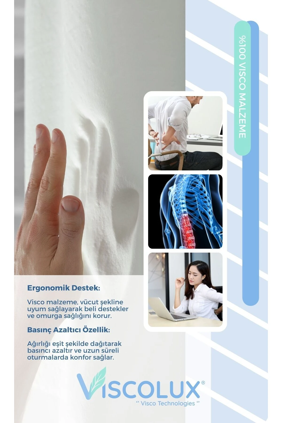 Ortopedik Lüks Bel Destek Yastığı - Premium Visco Bel Destek Minderi Mavi 54x42x9