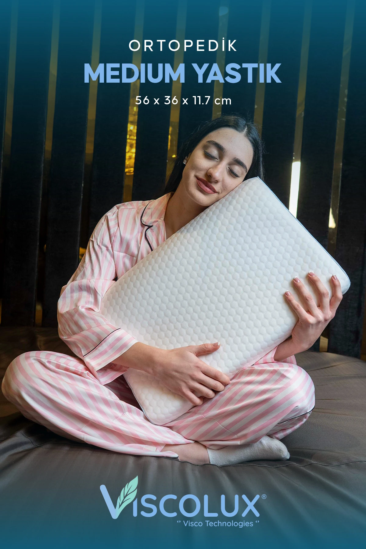 Medium Boy Ortopedik Yastık - Boyun Destekli Visco Yastık Mavi 56x36x11/7