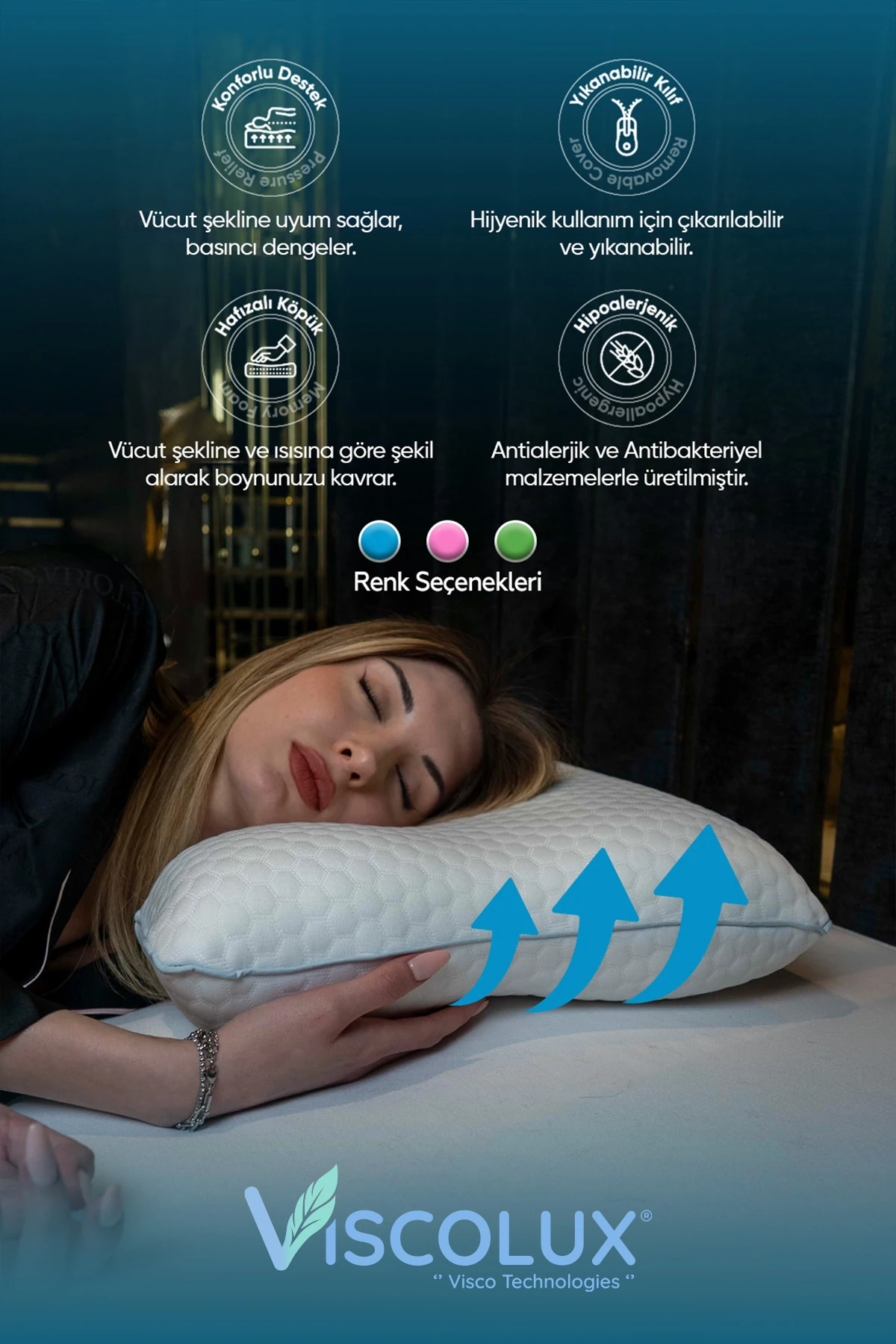 Horlama Azaltıcı Yastık - Horlama Önleyici Ortopedik Visco Yastık Mavi 55x40x12/10