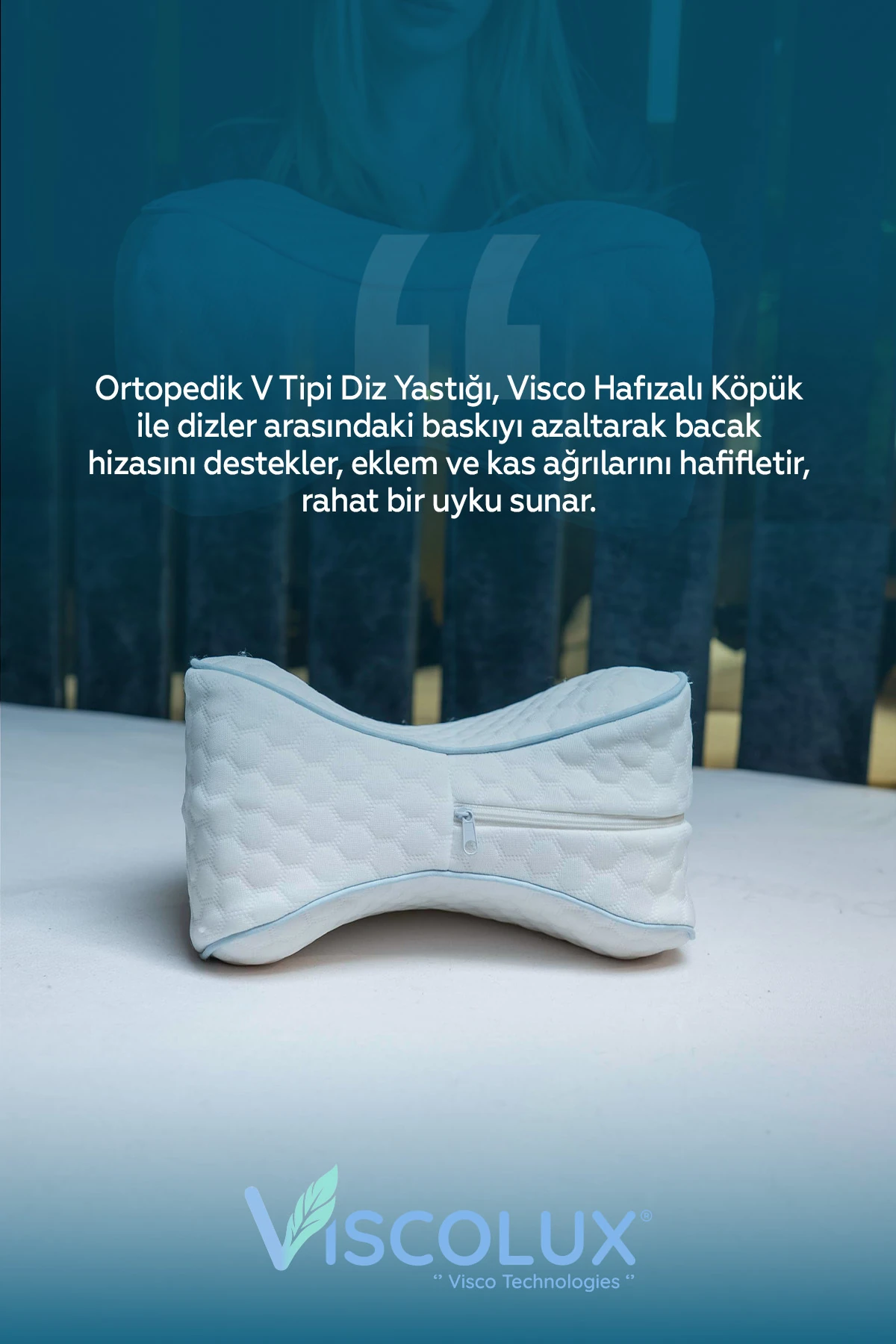Diz Arası Ortopedik Yastık - V Model Diz Arası Yastık Visco Yastık Mavi 25x25x15