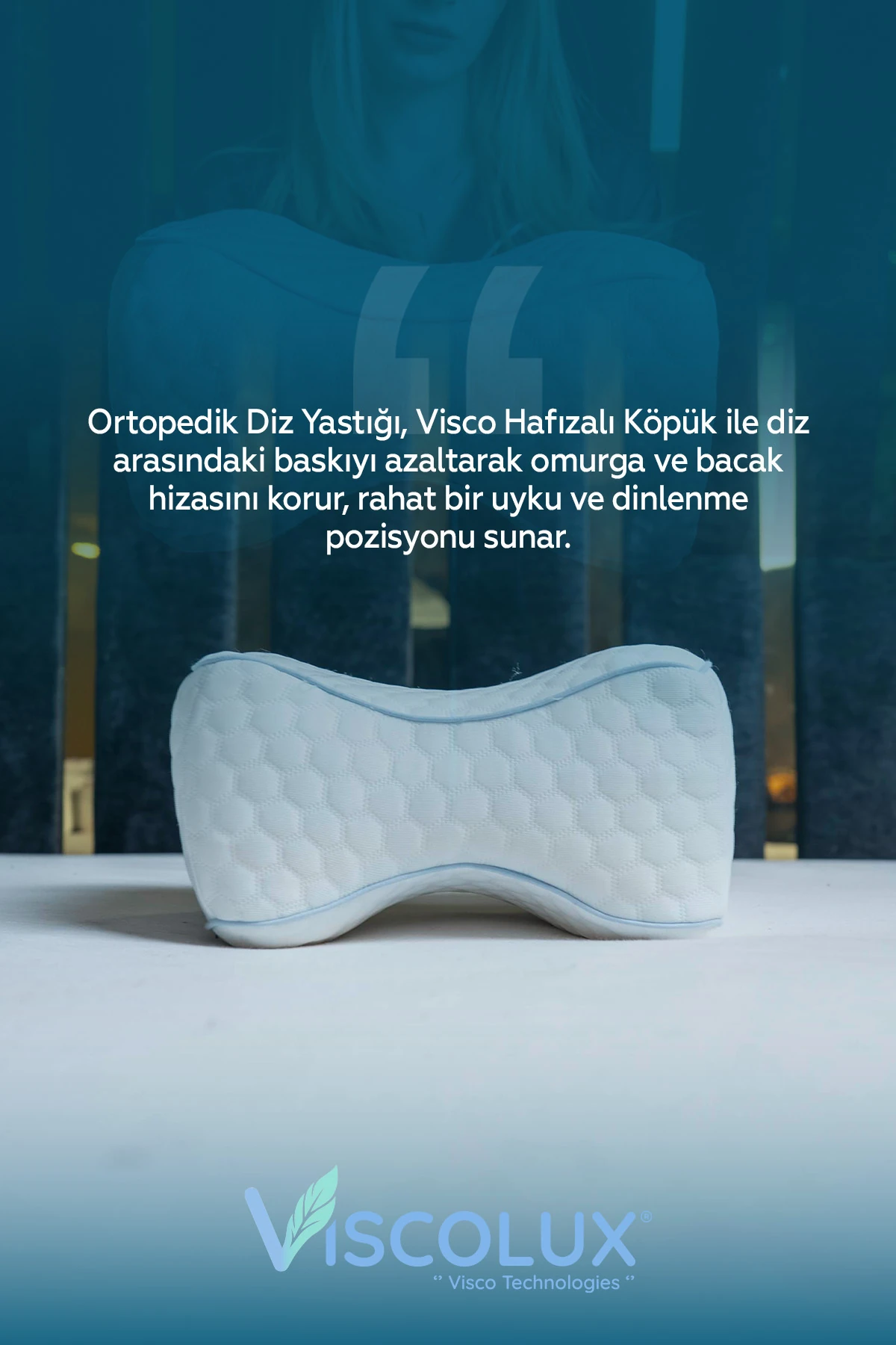 Bacak Arası Ortopedik Yastık - Diz Bacak Arası Visco Yastık Bacak Destek Minderi Mavi 25x19x14