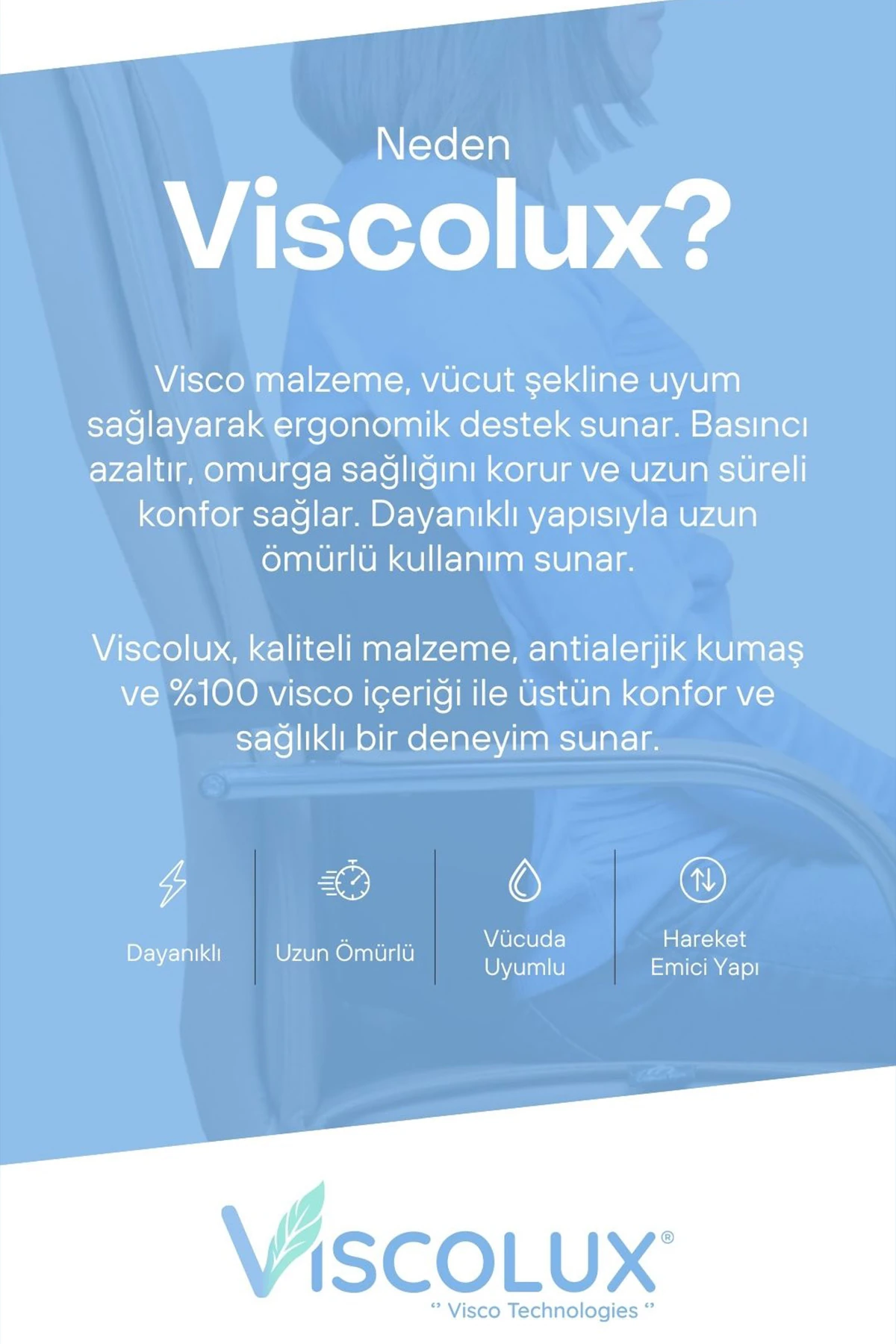 Ortopedik Bel Destek Yastığı - Visco Bel Destekli Minder Evde Ofiste Arabada Konfor Mavi 35x34x12