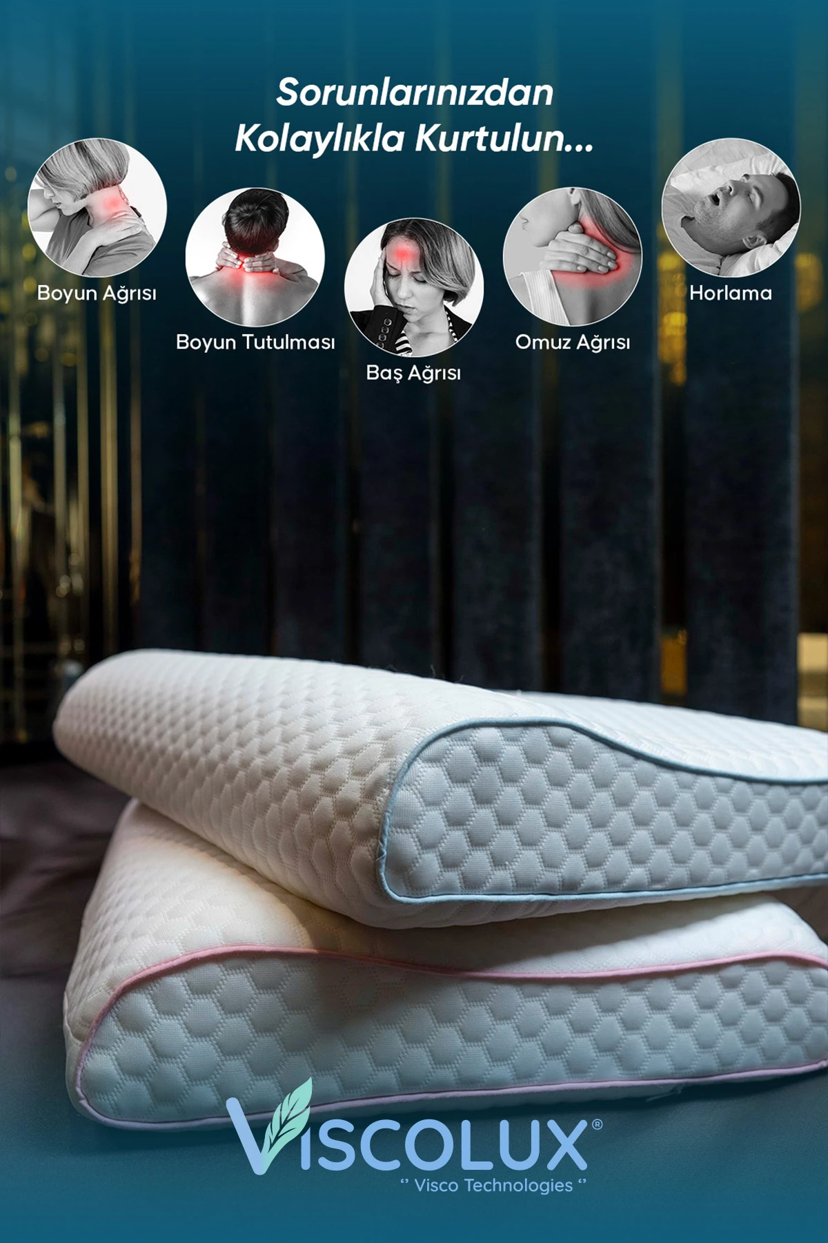 Mega Boy Ortopedik Yastık - Boyun Destekli Visco Yastık Mavi 60x40x11/8