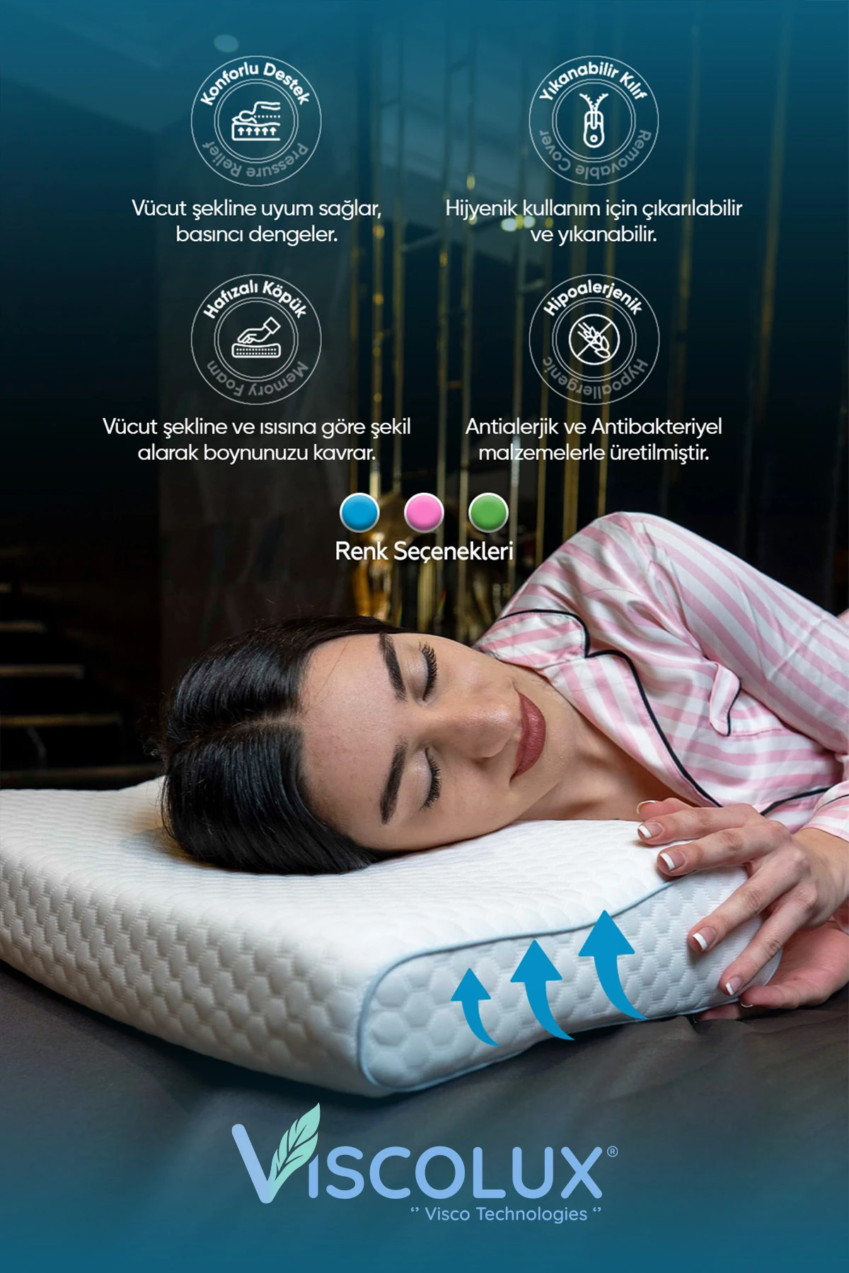 Medium Boy Ortopedik Yastık - Boyun Destekli Visco Yastık Mavi 56x36x11/7