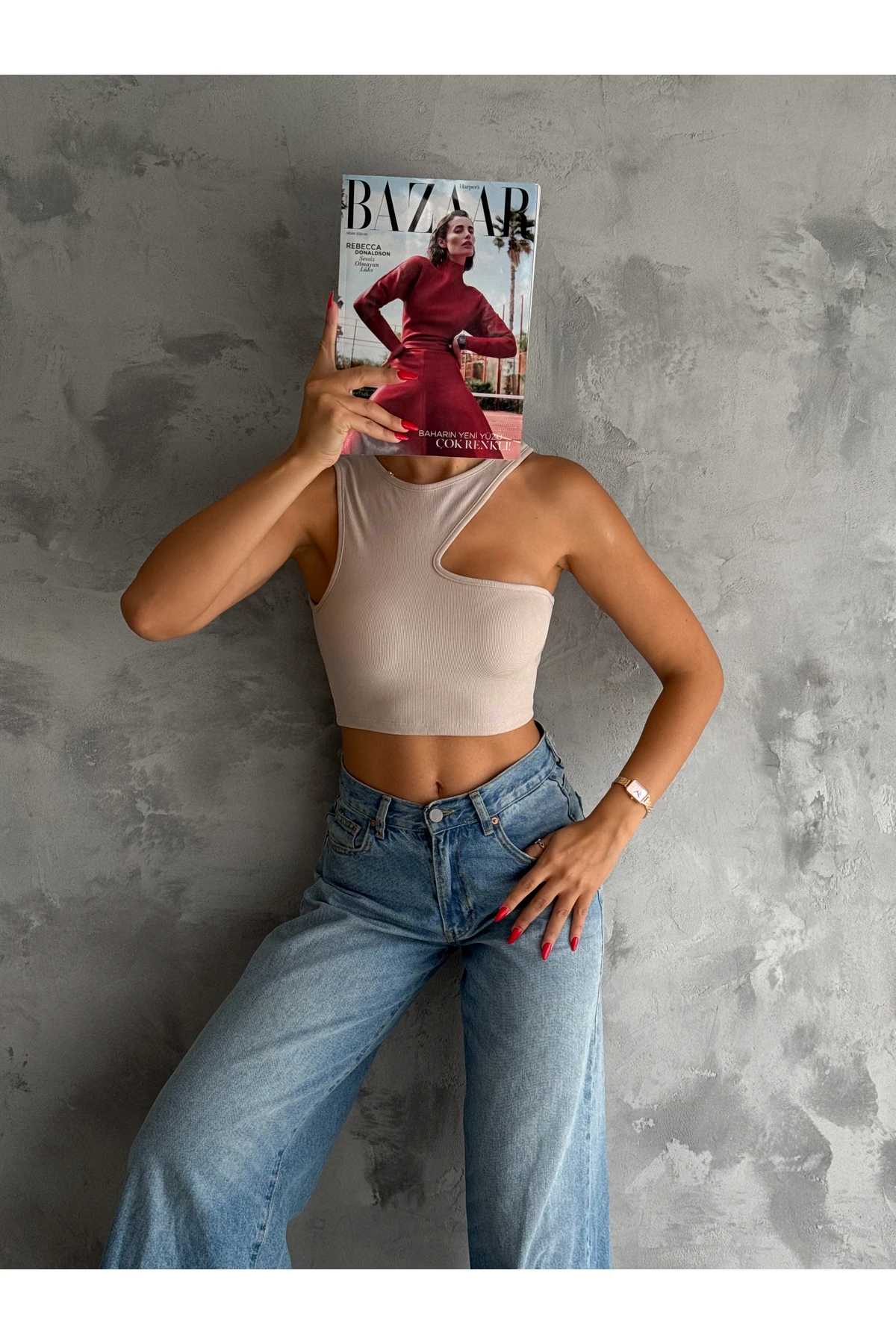 Kadın Önü Asimetrik Ottoman Kumaş Kadın Crop Bluz