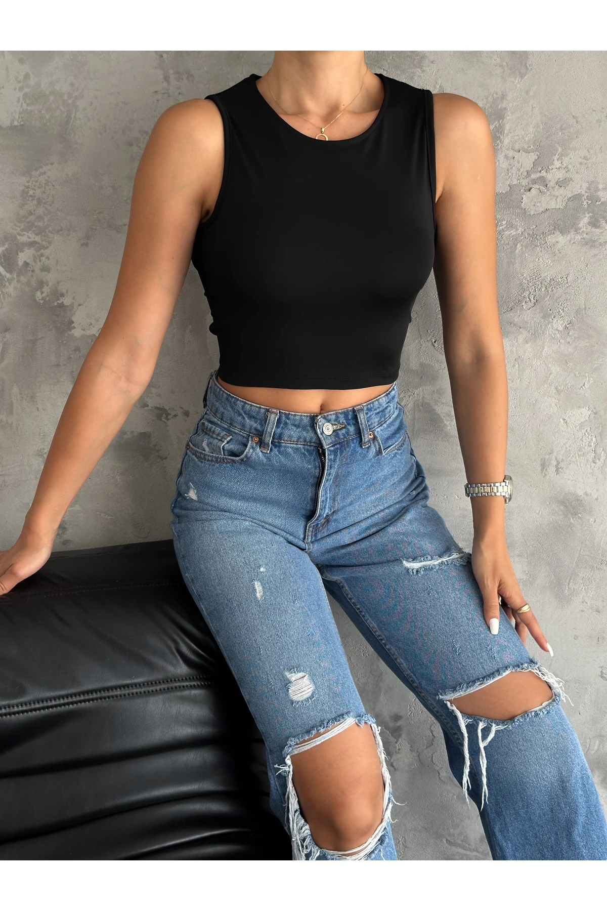 Kadın Sırtı Bantlı Dalgıç Kumaş Crop Bluz