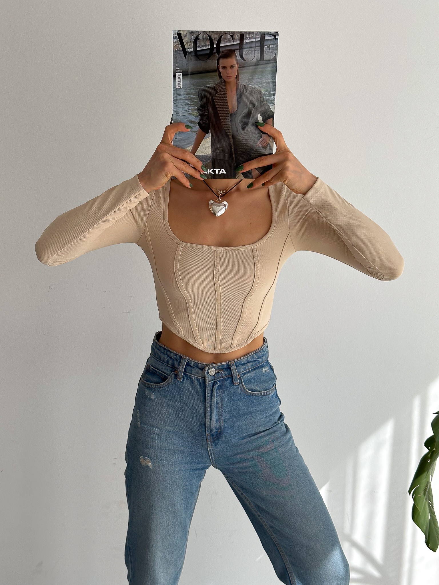 Kare Yaka Uzun Kol Korse Görünümlü Biyeli Fitilli Crop Bluz