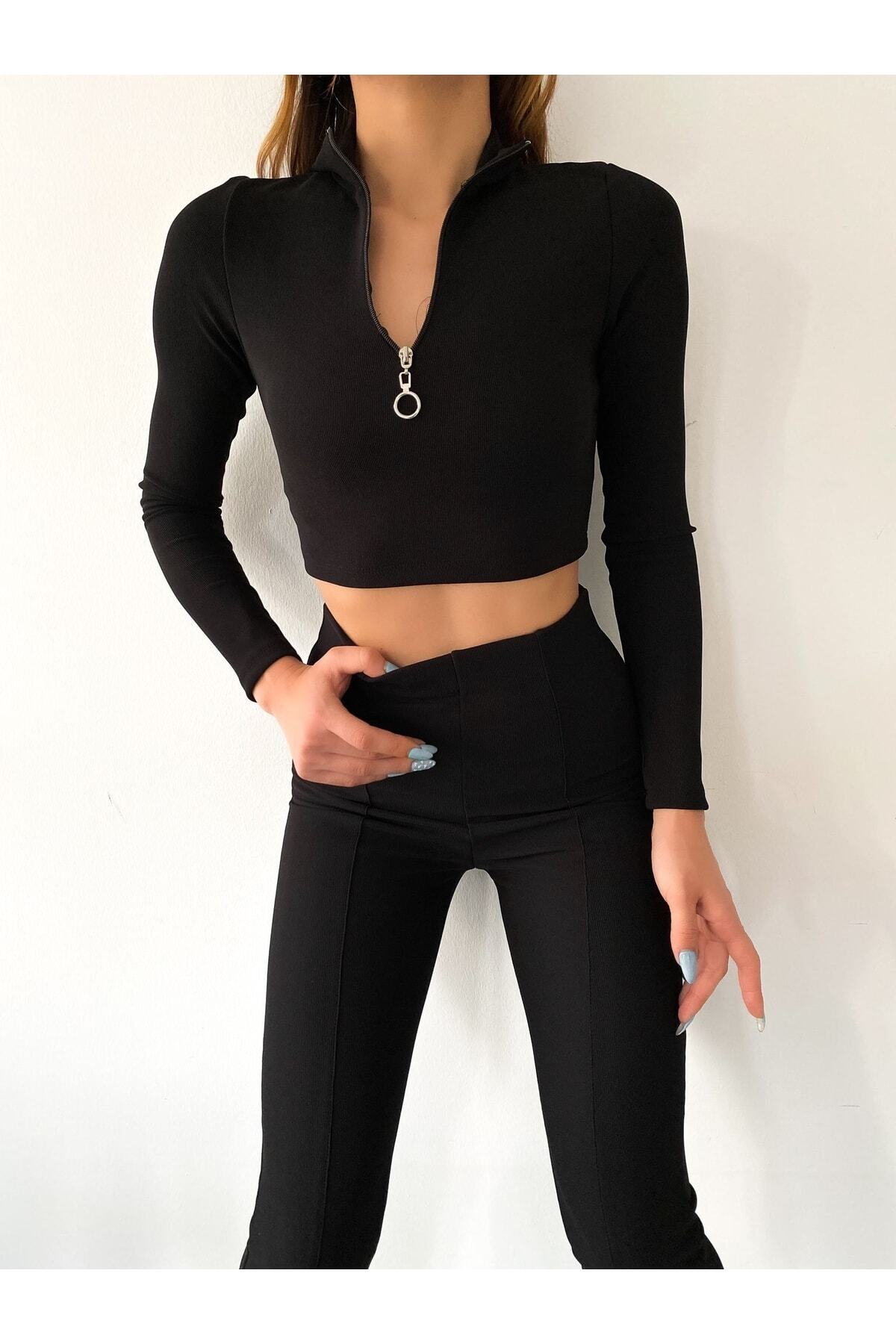 Kadın Siyah Yarım Balıkçı Yaka Önü Fermuarlı Slim Fit Crop Body