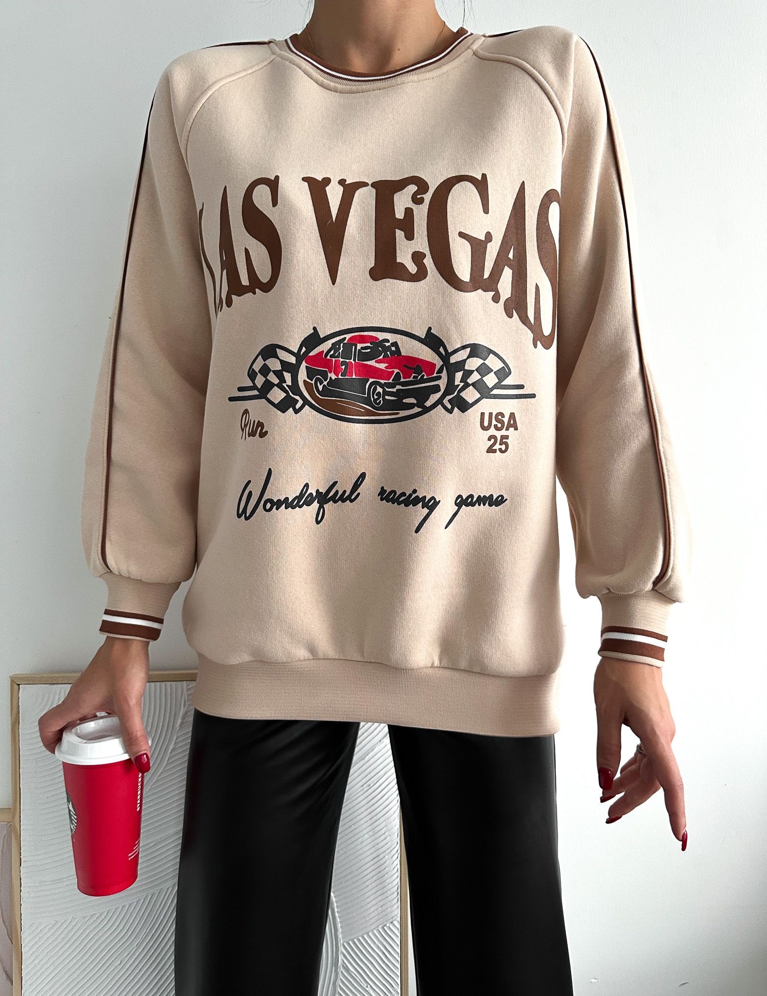 Las Vegas Üç İplik Şardonlu Oversize Sweatshirt - bej