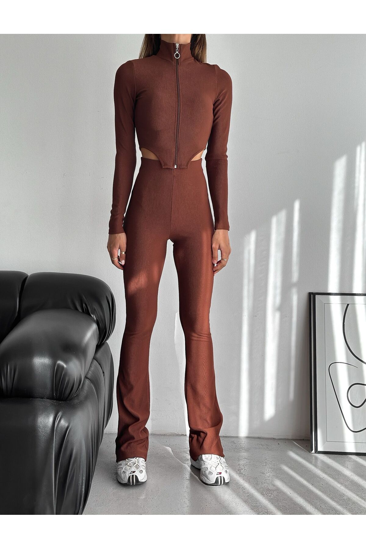 Kadın Fermuarlı Yarım Balıkçı Yaka Uzun Kol Ottoman Kumaş Crop Bluz