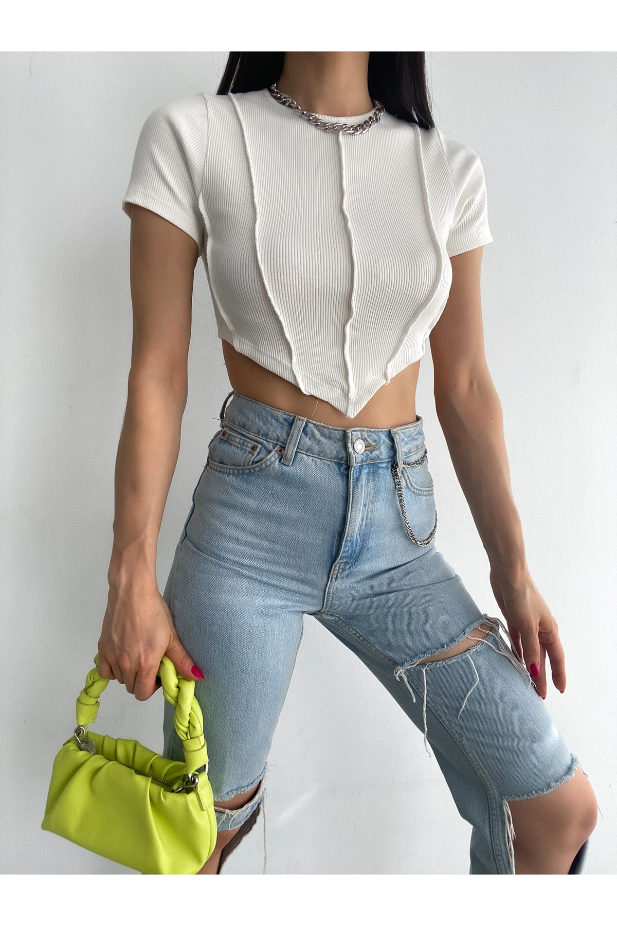 Ekru Kısa Kollu Ters Dikişli Kadın Fitilli Crop Bluz