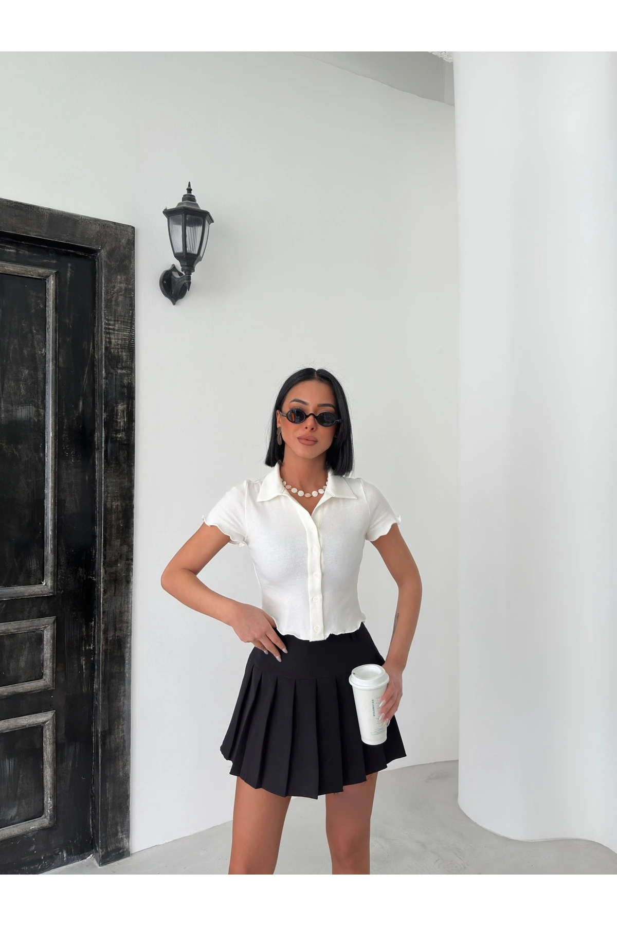 Kadın Polo Yaka Düğmeli Kaşkorse Crop Bluz