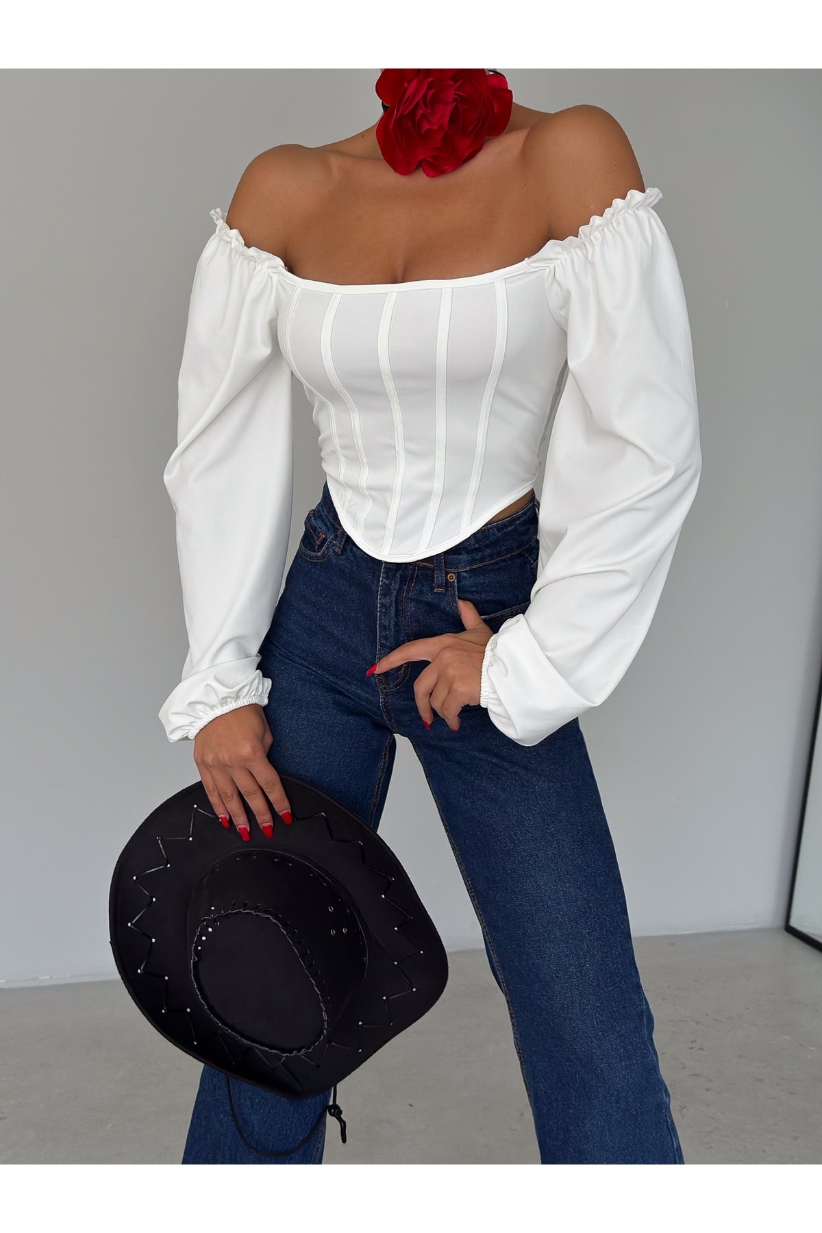Kadın Bebe Mavisi Kare Yaka Şeritli Uzun Balon Kol Dalgıç Kumaş Crop Bluz
