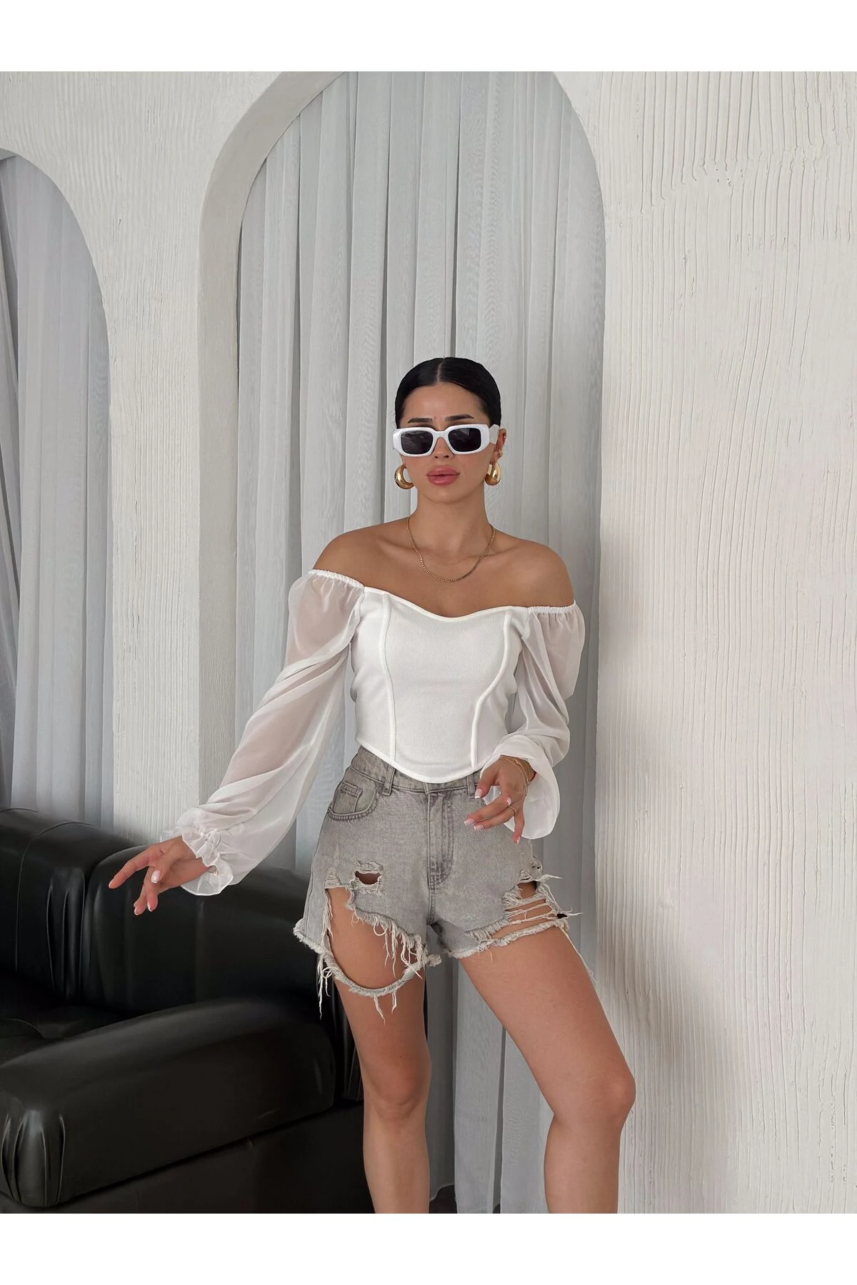 Kadın Önü Biyeli Şifon Kol Uzun Kol Crop Bluz