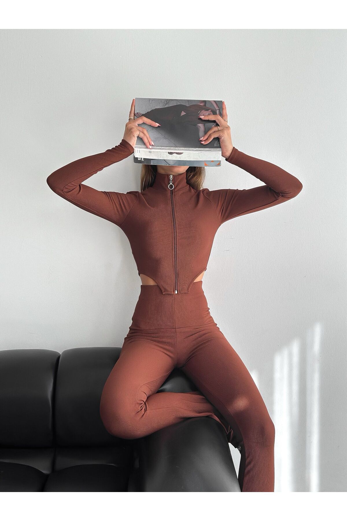 Kadın Fermuarlı Yarım Balıkçı Yaka Uzun Kol Ottoman Kumaş Crop Bluz