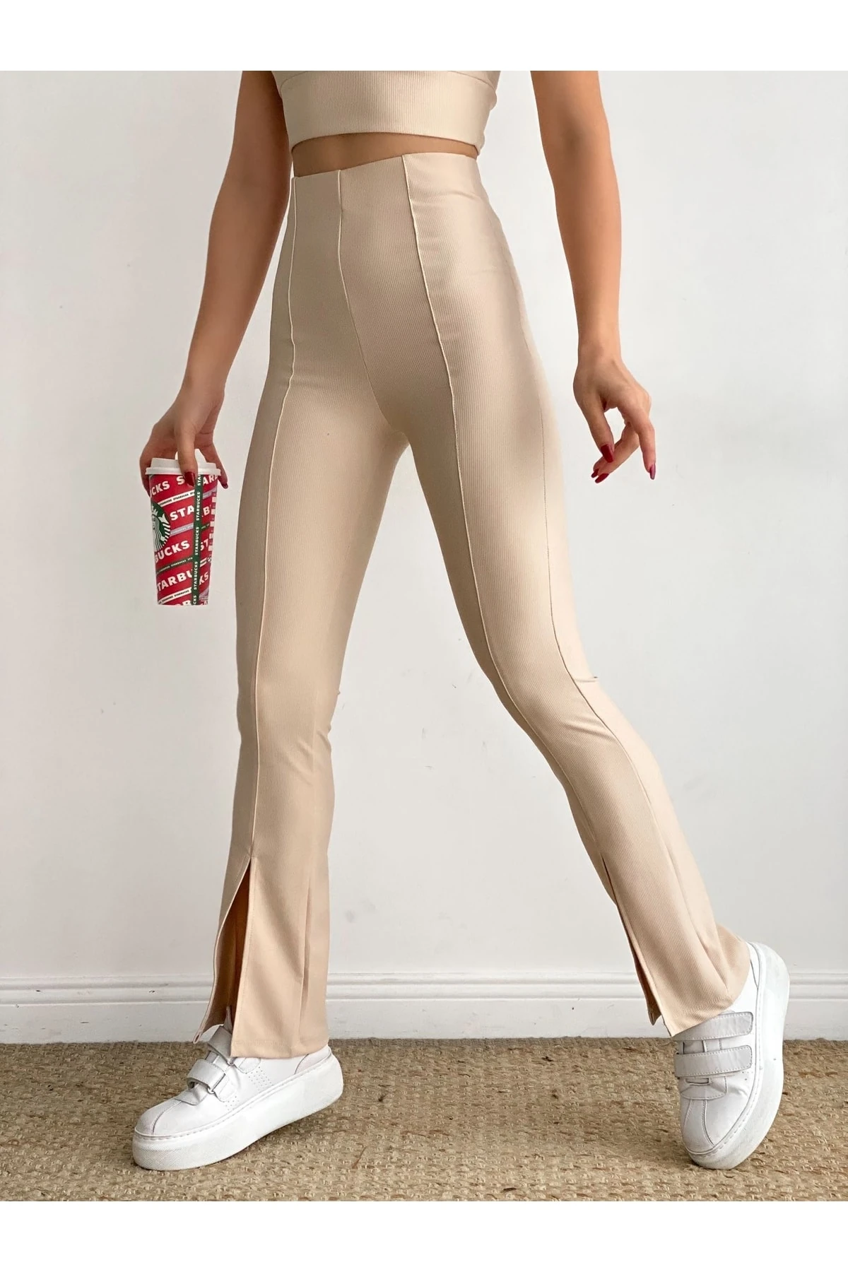 Kadın Önü Yırtmaçlı Yüksek Bel Ispanyol Paça Toparlayıcı Tayt Pantolon