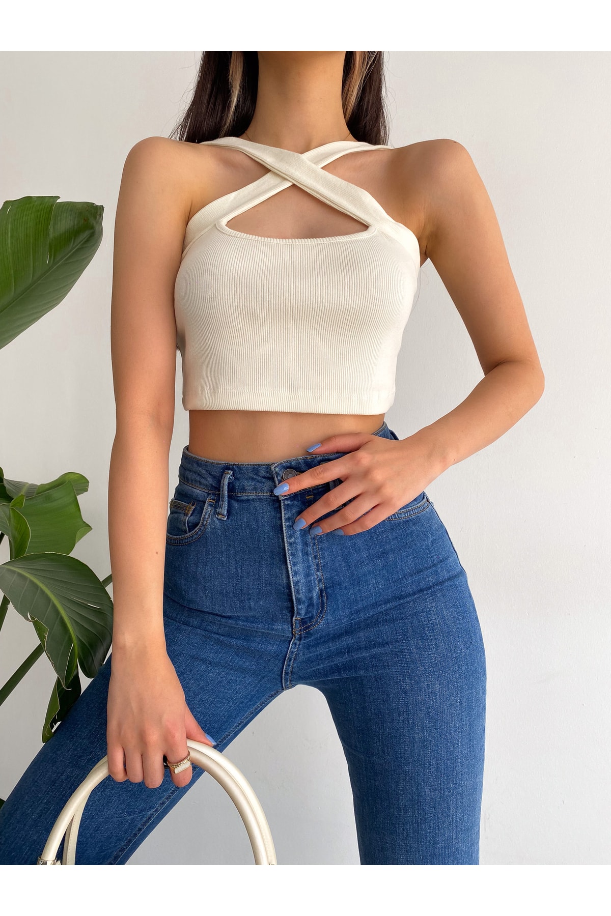 Kadın Çapraz Boyun Askılı Kaşkorse Crop Bluz