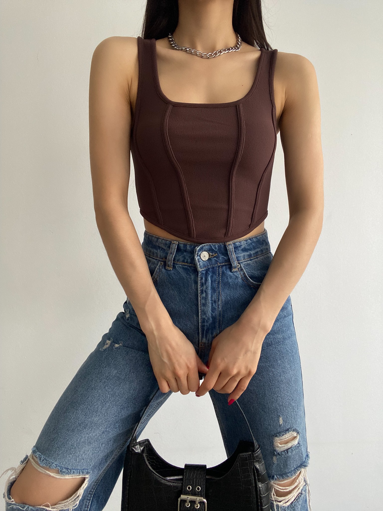 Kare Yaka Korse Görünümlü Crop Bluz