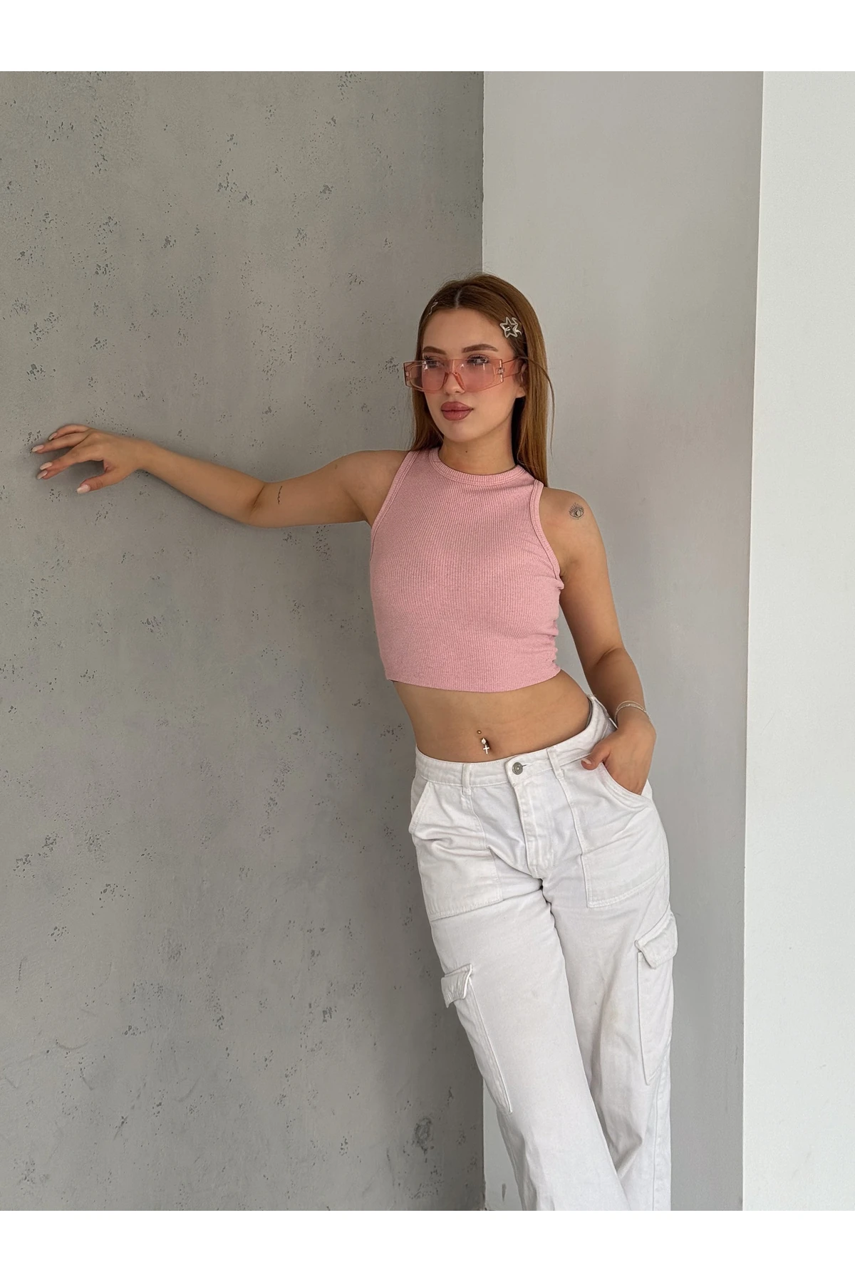Kadın Sıfır Kol Halter Yaka Kaşkorse Crop Bluz