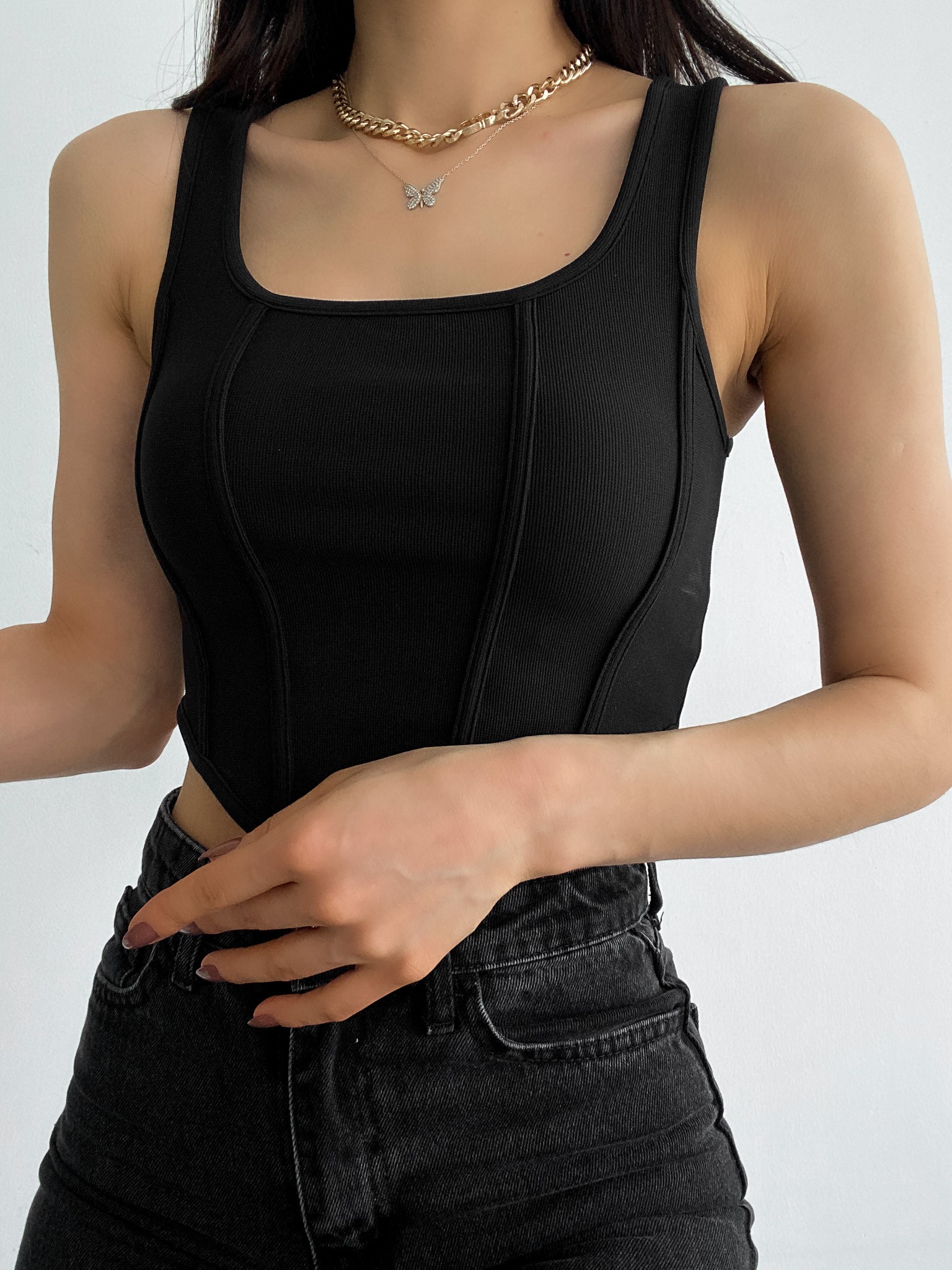 Kare Yaka Korse Görünümlü Crop Bluz