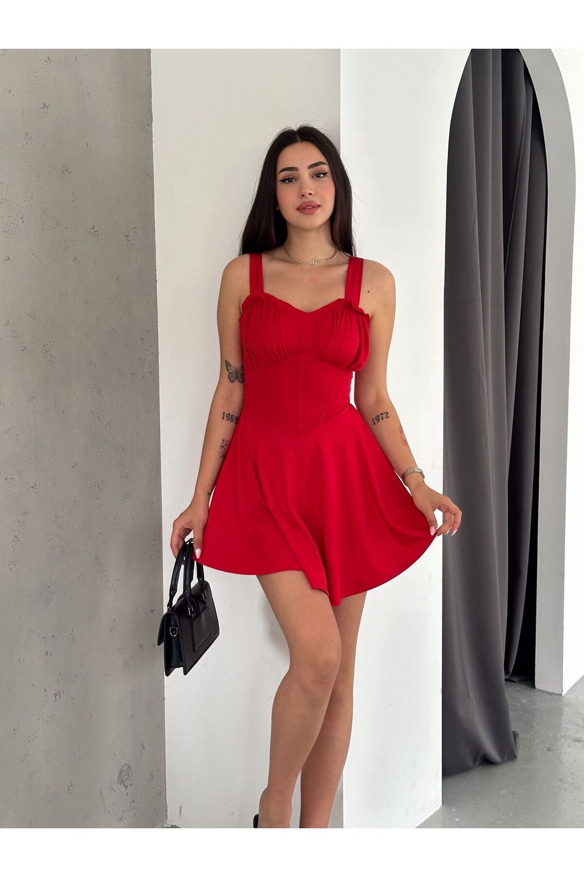 Kadın Şortlu Kalın Askılı Mini Elbise