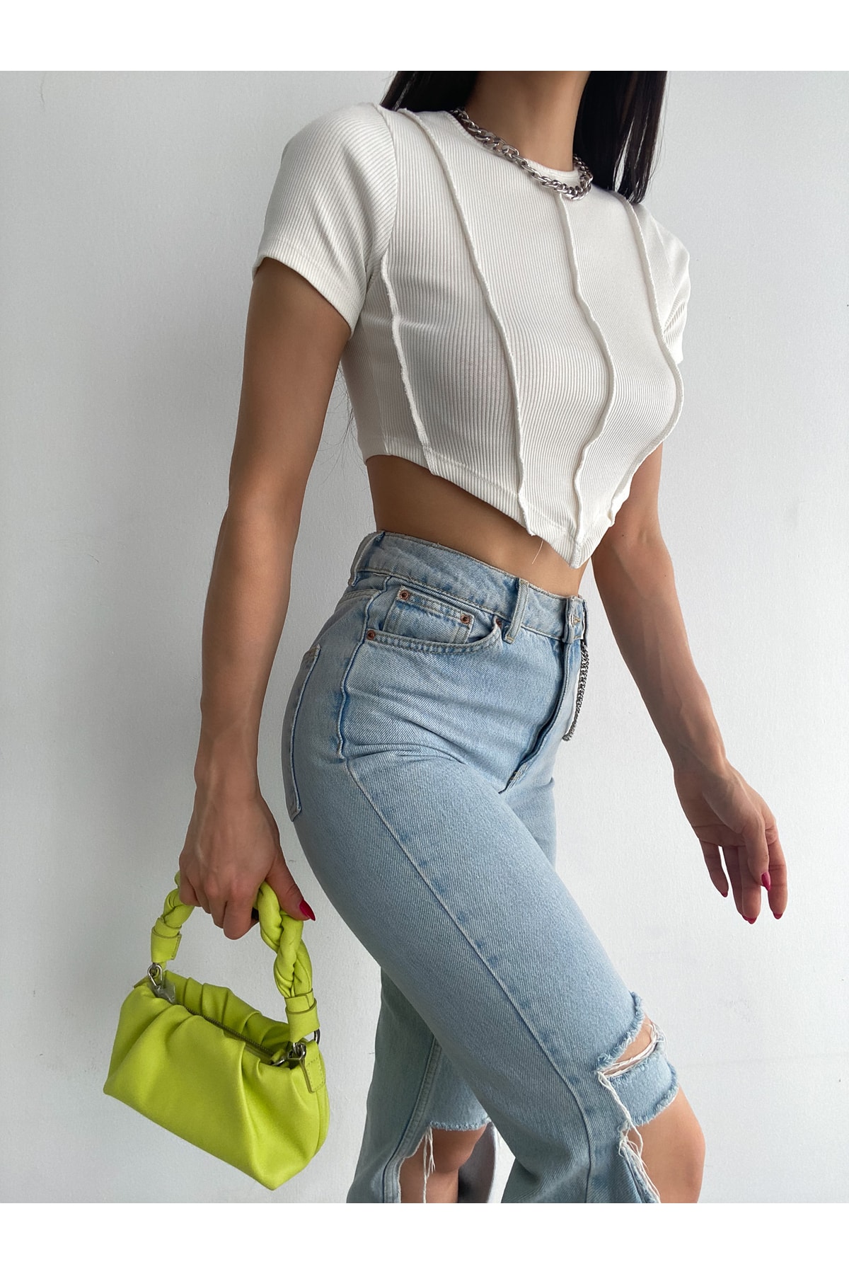 Ekru Kısa Kollu Ters Dikişli Kadın Fitilli Crop Bluz