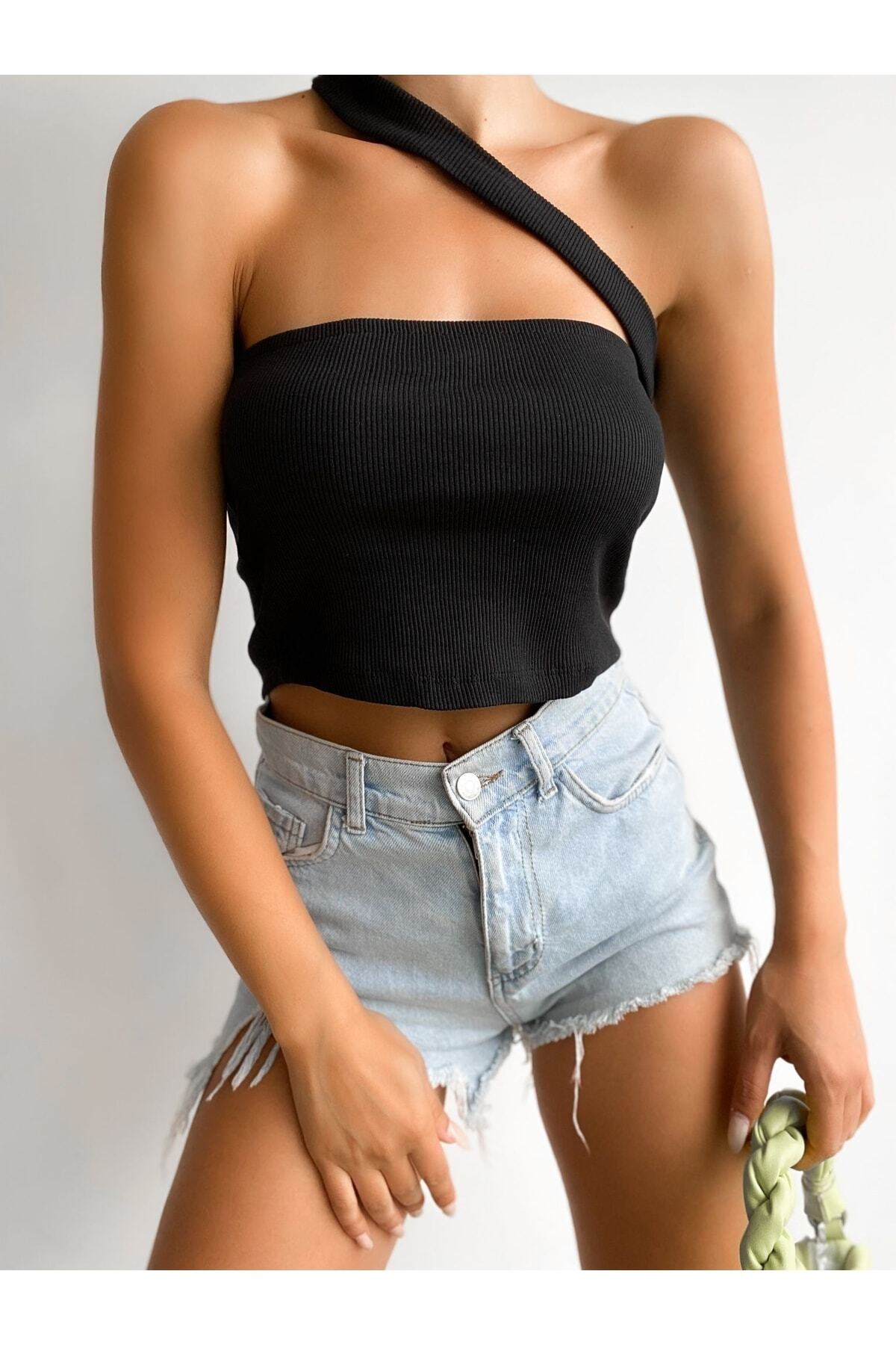 Kadın Çapraz Bant Detaylı Fitilli Crop Top