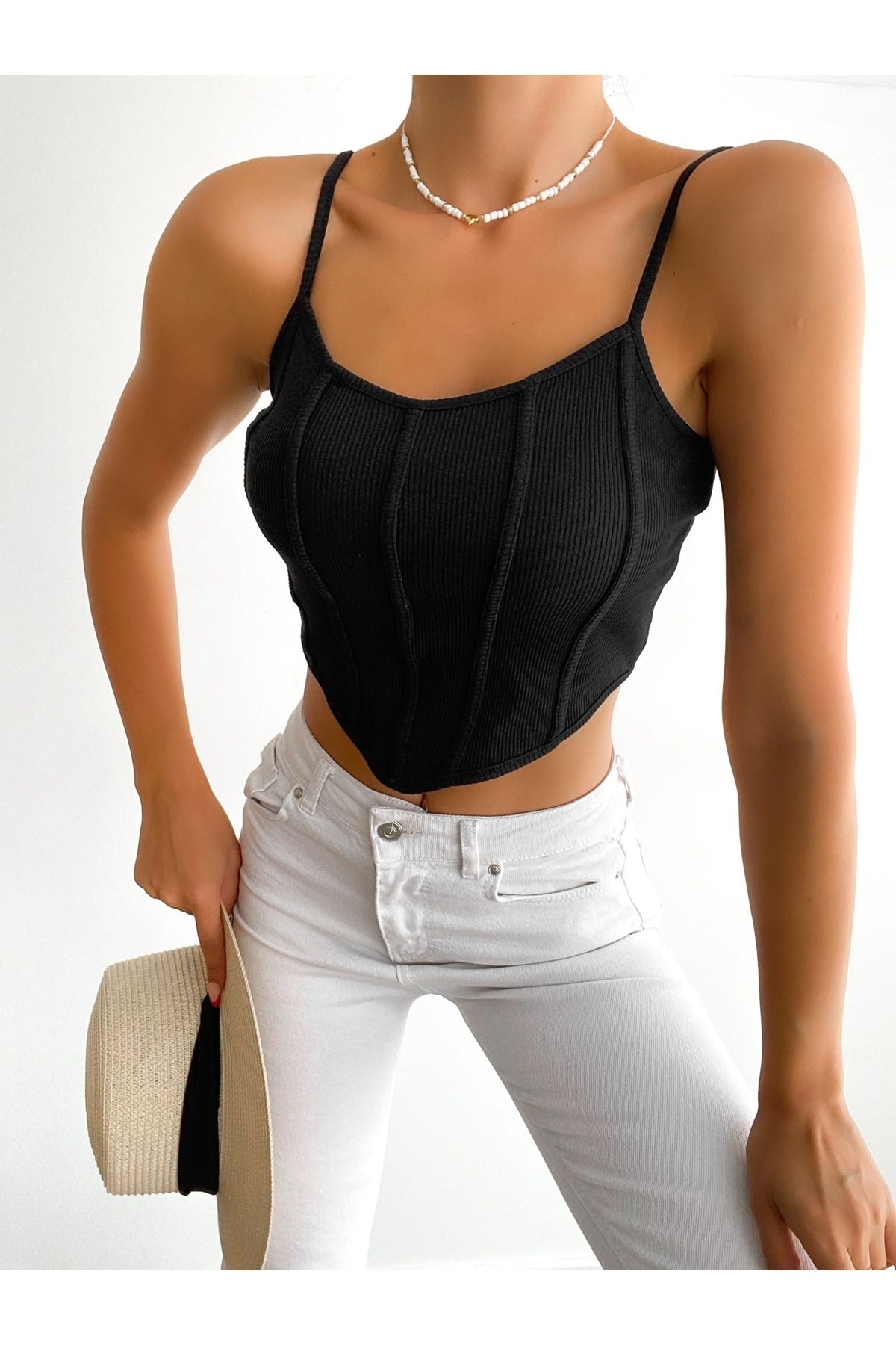 Askılı Şeritli Asimetrik Fitilli Crop Top