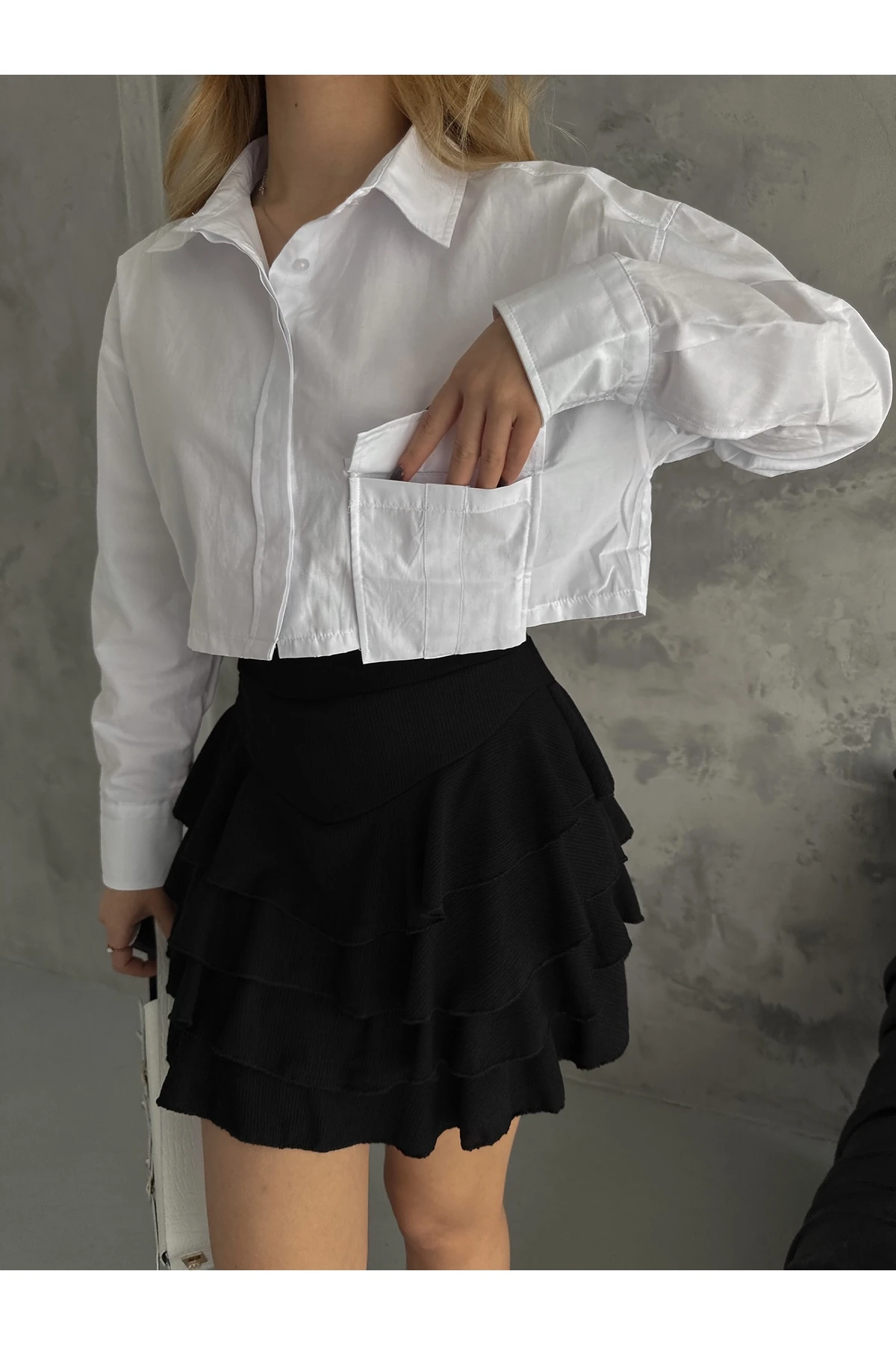 Kadın Uzun Kol Cepli Crop Gömlek