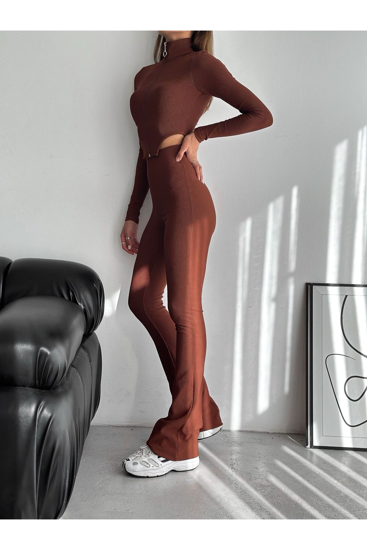 Kadın Fermuarlı Yarım Balıkçı Yaka Uzun Kol Ottoman Kumaş Crop Bluz